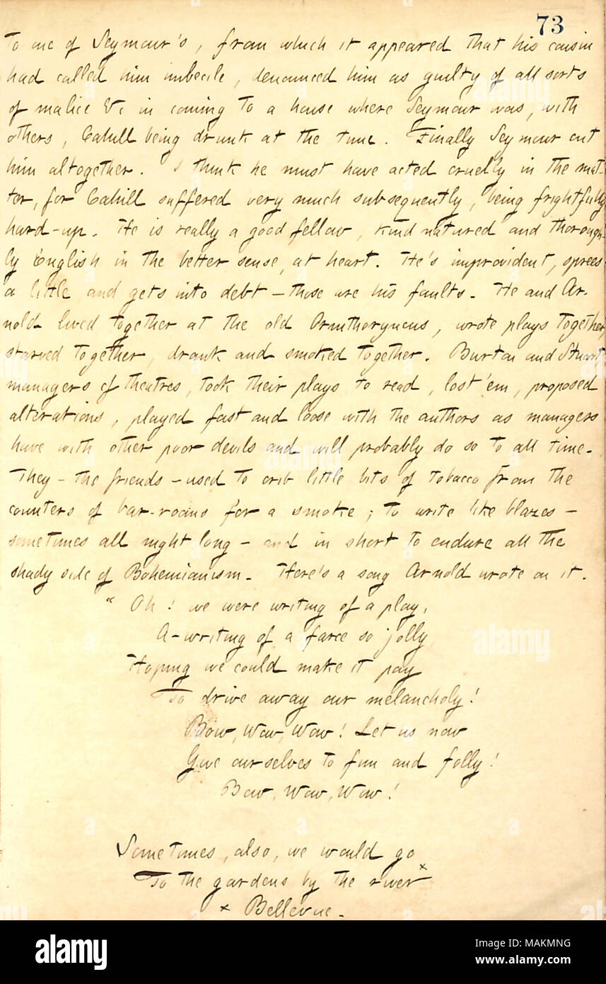 Über Frank Cahill von seinem Cousin, Charles Bailey Seymour und seine Freundschaft mit George Arnold. Transkription: Einer der [Charles Bailey] Seymour?s, aus denen hervorging, daß er seine [Frank Cahill?s] Cousin angerufen hatte ihn Idiot, ihn als Schuldigen für alle Arten von Bosheit&c in ein Haus, wo Seymour war, zusammen mit den anderen, Cahill in der Zeit getrunken werden. Schließlich Seymour schnitt ihm insgesamt. Ich denke, er muss grausam in der Angelegenheit gehandelt haben, für Cahill sehr viel später erlitt, furchtbar schwer. Er ist wirklich ein guter Kerl, wie gutmütig und thoroughl Stockfoto