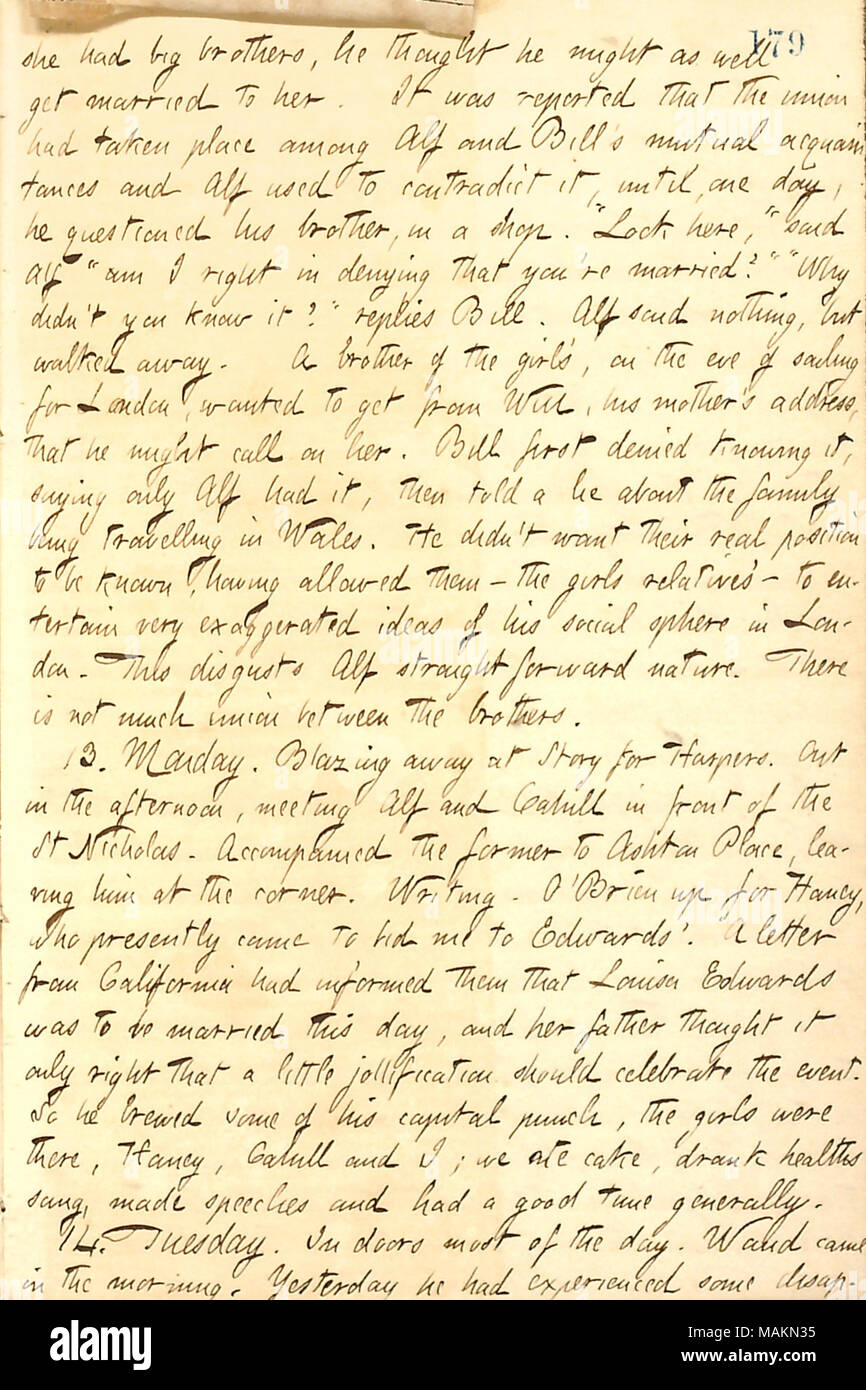 In Bezug auf die waud Ehe. Transkription: Sie [Sarah] Candee hatte grosse Brüder, er [William Waud] dachte, dass er auch mit ihr verheiratet. Es wurde berichtet, dass die Union unter Alf [Waud] und gemeinsame Bekannte Bill und Alf benutzt werden, um es zu widersprechen, bis eines Tages, er seinen Bruder in Frage gestellt, in einem Geschäft genommen hatte. "Hier", sagte Alf "Gehe ich Recht in der leugnen, dass Sie verheiratet sind?" "Warum haben Sie das nicht?" antworten. Alf sagte nichts, aber ging weg. Ein Bruder des Girls', am Vorabend von Segeln für London, wollte von zu erhalten, die Adresse seiner Mutter [Maria Fitzjohn die Waud], Th Stockfoto