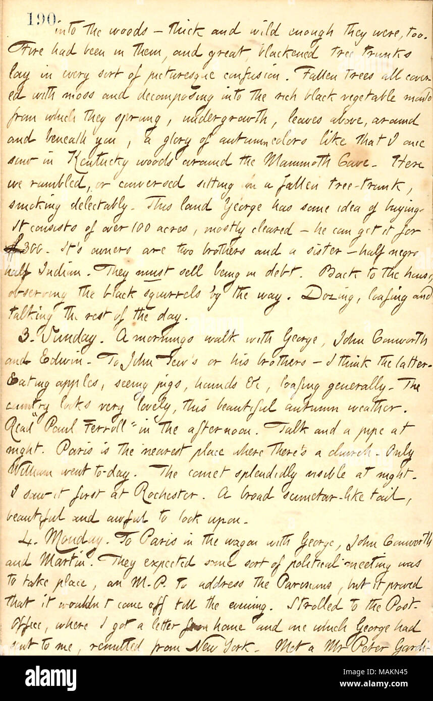 Beschreibt die Herbstlandschaft in Paris, Ontario. Transkription: in den Wald? Dick und wild genug waren, auch. Feuer war in ihnen gewesen, und die Großen, und geschwärzten Baumstämmen in jeder Art von malerischen Verwirrung schaffen. Umgestürzte Bäume alle bedeckt mit Moos und Zerlegen in die reiche schwarz Gemüse monte, aus dem sie entsprungen, Unterholz, Blätter oben, um und unter ihnen, eine Herrlichkeit der Herbstfarben, wie das, das ich sah einmal in Kentucky Wäldern rund um das Mammoth Cave. Hier rambled oder unterhielten sich auf einen umgestürzten Baumstamm, Rauchen delectably. Dieses Land George [Bolton] hat einige Idee der buyi Stockfoto