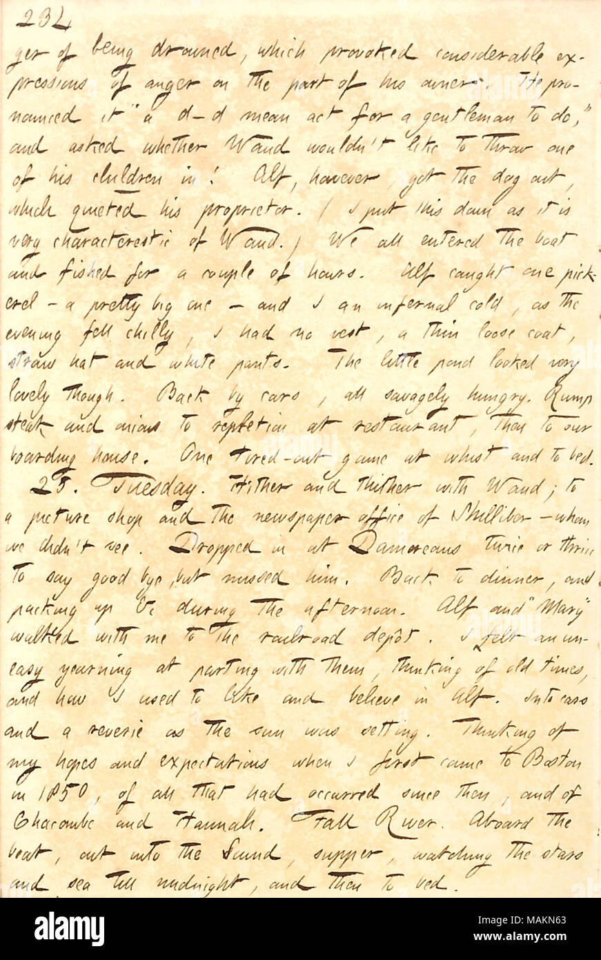 Beschreibt einen Besuch in Alf Waud und Maria in Boston. Transkription: [Dan] ger der ertrunken, die erhebliche Ausdrücken von Ärger von seinem Besitzer provoziert. Er ausgesprochen? ǣa d    d bedeutet Handeln für einen Gentleman zu tun? Und fragte, ob [Alfred] Waud wouldn?t wie zu Werfen eines seiner Kinder in! Alf, jedoch bekam der Hund, der seinem Inhaber beruhigte. (Ich aufgelegt, da es sehr charakteristisch für Waud.) Wir alle ins Boot und für ein paar Stunden gefischt. Alf gefangen ein pickerel? Eine ziemlich große? Und ich höllische Kälte, als der Abend kühl fiel, hatte ich keine Weste, ein Stockfoto