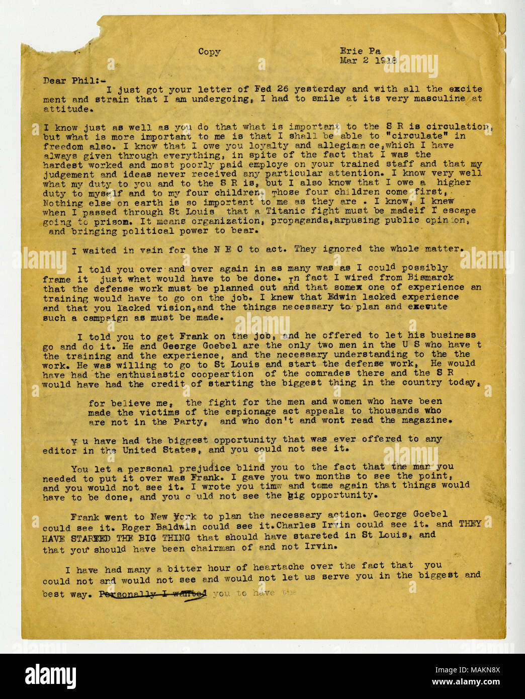 1912, Frank O'Hare wurde Redakteur der Rip-Saw, einer sozialistischen monatlich von St. Louis. Er war verheiratet mit prominenten sozialistischen Kate Richards O'Hare, der während des Zweiten Weltkrieges inhaftiert war I (April 1919). Gestern Transkription: Kopieren Erie [Pennsylvania] [März] 2 1918 Liebe Phil: - Ich habe gerade ihre Schreiben vom [Februar] 26 und mit all der Aufregung und Anspannung, die ich durchmachen musste ich lächeln auf seiner sehr männlich Haltung. Ich weiß, genauso gut wie sie das tun, was ist wichtig für die S R Verkehr, aber was mir wichtiger ist, dass ich zu? muss in der Lage sein ǣcirculate? In fre Stockfoto