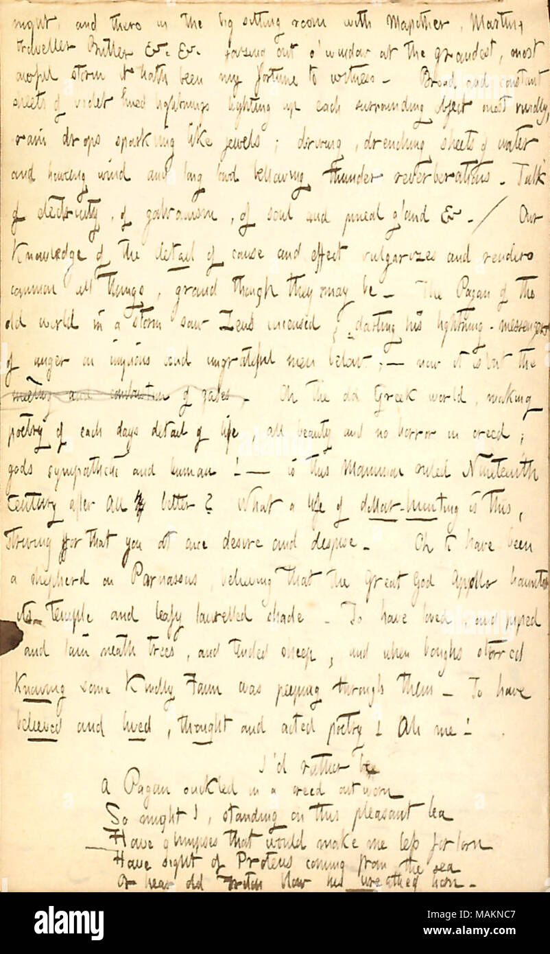 Sinnt auf das, was es sein möchte in einer heidnischen Welt zu leben. Transkription: Nacht, und es in das große Wohnzimmer mit [Dillon], [William Mapother] Martin, Traveller [Norton] Butler & C. & C. blickt o?Fenster auf das großartigste, die meisten schrecklichen Sturm hat mein Glück zu bezeugen. Umfassende und konstante Blätter violett hued Blitze Aufleuchten jeder Umgebung Objekt am lebendigsten, regen Tropfen Sekt wie Juwelen; Fahren, durchtränken Blätter von Wasser und Wind heulen und lange lautes Gebrüll Donner Widerhall. Die Rede von Strom, der galvanism, der Seele und der Zirbeldrüse &c. / Unsere Kenntnisse der Stockfoto