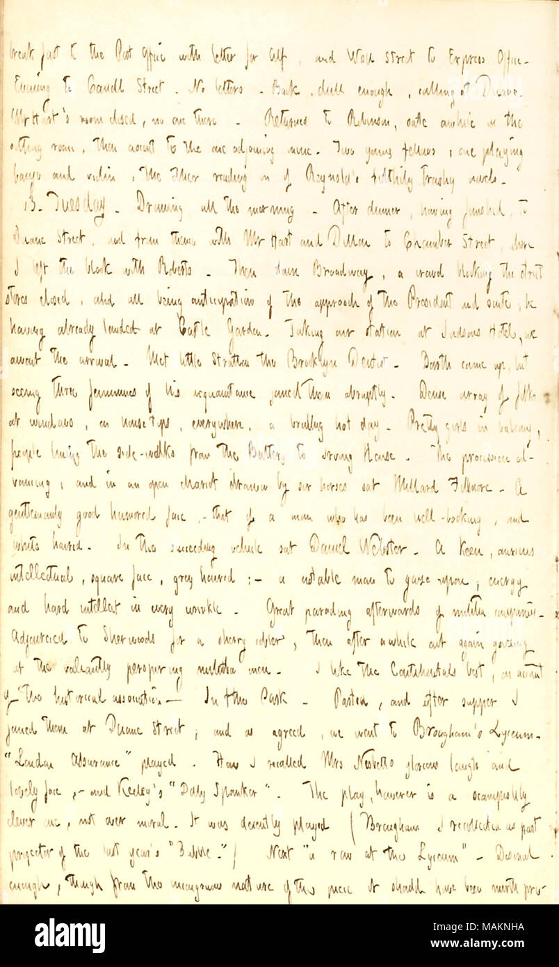 Beschreibt eine Parade für Präsident Millard Fillmore's Besuch in New York. Transkription: Frühstück auf die Post mit Brief für Alf [Waud], und die Wall Street zum Ausdruck zu bringen. Abend [177] Canall Straße. Keine Buchstaben. Zurück, langweilig genug,[168] Duane. Herr [Henry] Hart? s Zimmer geschlossen, niemand dort. Zu Robinson wieder, eine Weile im Wohnzimmer Sate, dann Aufstieg zum einen angrenzenden Mine. Zwei junge Burschen, ein Banjo und Geige, die Anderen lesen auf [Ein] von Reynold?s filthily trashigen Romane. 13. Dienstag. Zeichnung alle Morgen. Nach dem Abendessen, fertig gestellt, Duane St Stockfoto