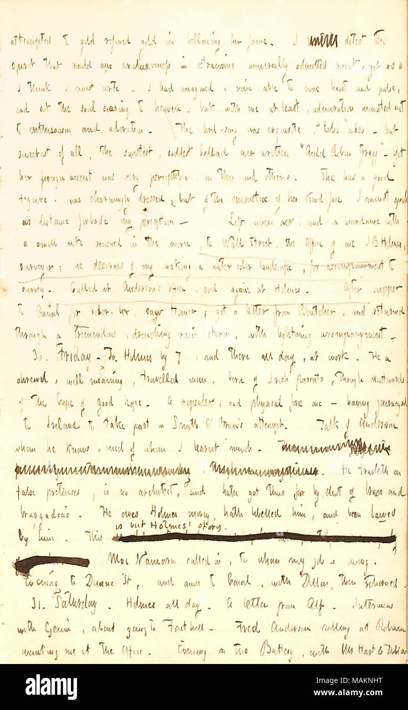 Beschreibt die Teilnahme an einer Jenny Lind Konzert. Titel: Thomas Butler Gunn Tagebücher: Band 2, Seite 110, Mai 29-31, 1851. 29. Mai 1851. Gunn, Thomas Butler, 1826-1903 Stockfoto