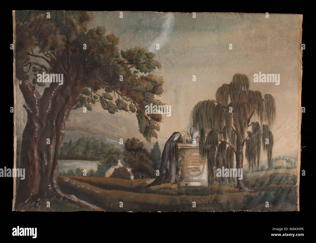 Aquarell Malerei eines Denkmals Szene ehrt Frau Salome Holz, Mutter von Maria Holz Koppel, der am 11. Juli 1799 enthalten. Titel: Memorial Szene für Frau Salome Holz. 1799. Stockfoto