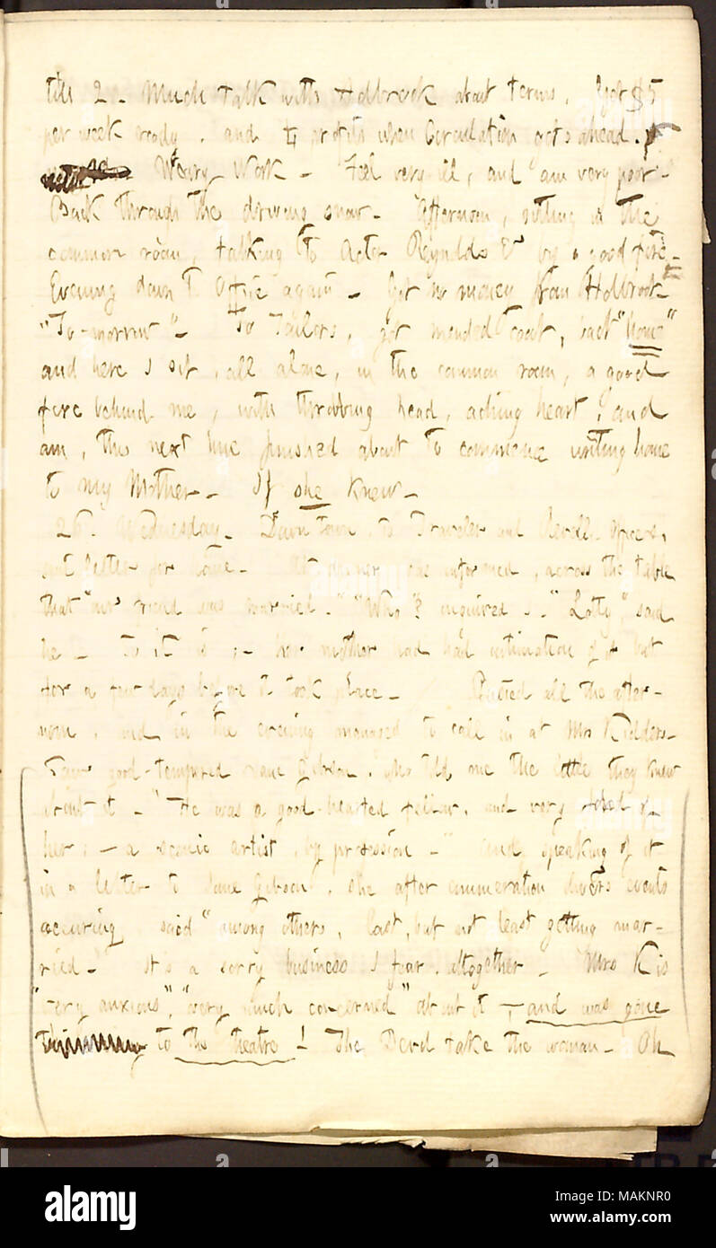 Erwähnt, dass Lotty Kidder eine szenische Künstlerin verheiratet ist. Transkription: bis 2. Viel Reden mit Holbrook über agb. Erhielt 5 $ pro Woche bereit und 1/4 Gewinne, wenn Verkehr vor. [Worte durchgestrichen] Müde Arbeiten. Fühlen sehr krank, und ich bin sehr schlecht. Zurück durch das Schneetreiben. Am Nachmittag, sitzen im gemeinsamen Zimmer, Gespräch mit Schauspieler [Bill] Reynolds & durch ein gutes Feuer. Abend die Büro wieder. Erhielt kein Geld von Holbrook.? ǣTo: Morgen. ? Zu Schneidern, erhielt geflickter Mantel, ǣhome zurück?? [48 Franklin St.] und Hier sitze ich, ganz allein, im gemeinsamen Zimmer, ein gutes Feuer hinter mir, mit Pochenden hea Stockfoto