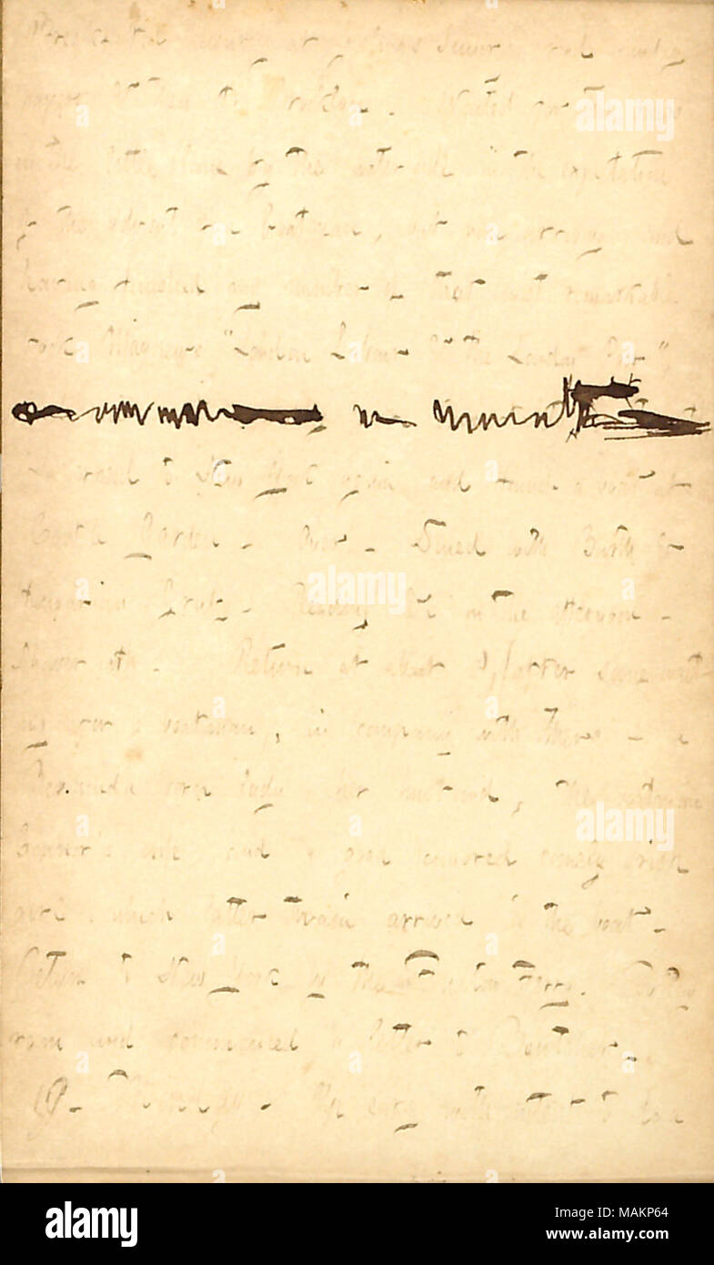 Beschreibt einen Besuch von Wilhelm Barth auf Governors Island. Transkription: gemütlich Frühstückte bei Gänschen Senior, lesen Sonntag Papiere & dann nach Brooklyn. Für zwei Stunden in die kleine Gasse am Wasser in der Erwartung, das Aufkommen einer Boatman gewartet, aber keiner anreisen, und nachdem ich meine Anzahl der, dass die meisten bemerkenswerten Buch [Henry] Mayhews? ǣLondon Arbeit & der London Dichter, fertig? [Worte durchgestrichen] ich nach New York wieder kreuzten und fand ein Boot auf Schloss Garten. Über. Mit [William] Barth & Ungarisch Gruby speiste. Lesen & c am Nachmittag. Dusche Badewanne. Rückkehr um ca. 8, (nach einigen Wai Stockfoto