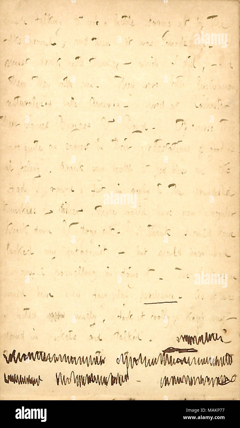 Beschreibt einen Drink mit Burgess und Boyd am Niagara Falls, New York, anstatt den Kampf mit Ihnen. Transkription: viel reden und nicht ein wenig und starrte durch die Leute um, und dann ist es oben gemacht wurde. Ich muss trinken mit Ihnen? Was ich getan habe,? Und dann haben sie mit mir. Sie waren beide Engländer, eingebürgerte in Amerika? Am Rochester lebte, ihre Namen Burgess & Boyd. Natürlich haben sie Recht, wie Ernst in ihren Beteuerungen des Guten als krank fühlten, trank meine Gesundheit & Gott mich segnen&c hatte ich eine Faust in der Antwort auf die schwang Knuckles entweder, es wäre eine regelmäßige klopfen. Stockfoto