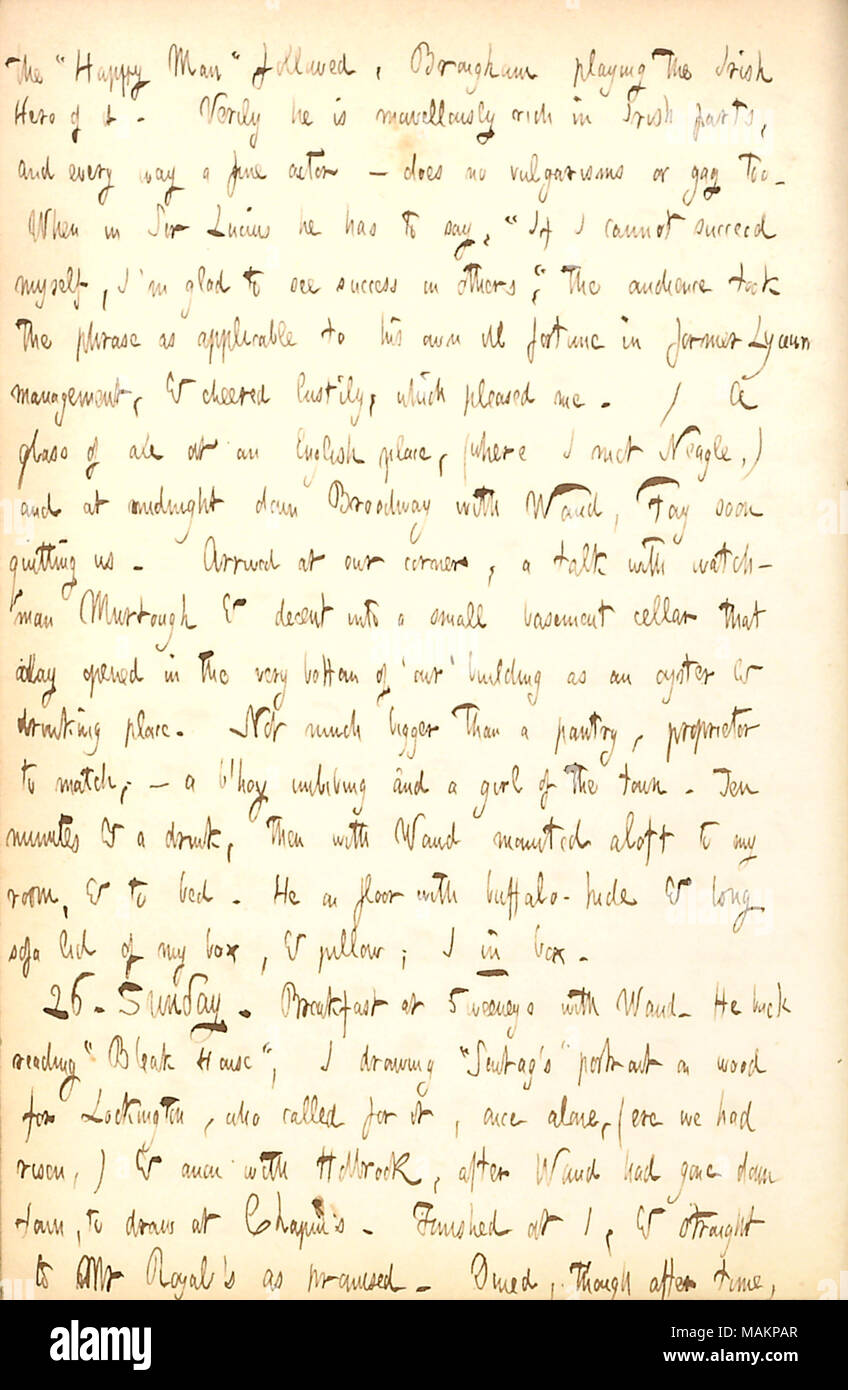 Kommentare zu John brougham als Schauspieler. Transkription: Die? ǣHappy Mann? Gefolgt, [John] Brougham spielen der Irische Held. Wahrlich, Er ist wunderbar, die reich an irischen Teile, und jeder Weise ein feiner Schauspieler? Nicht vulgarisms oder Gag auch. Wenn im Sir Lucius hat er zu sagen?ǣIf ich kann mich nicht gelingt, ich bin froh, dass Erfolg in anderen zu sehen? Das Publikum nahm die Phrase als zutreffend zu seinem eigenen Unglück im ehemaligen Lyceum Management & jubelten Lustily, die mich zufrieden. / Ein Glas Bier in einem Englisch, (wo ich Met [James S.] Neagle,) und um Mitternacht den Broadway hinunter Mit [Alfred] Waud, [Augustu Stockfoto