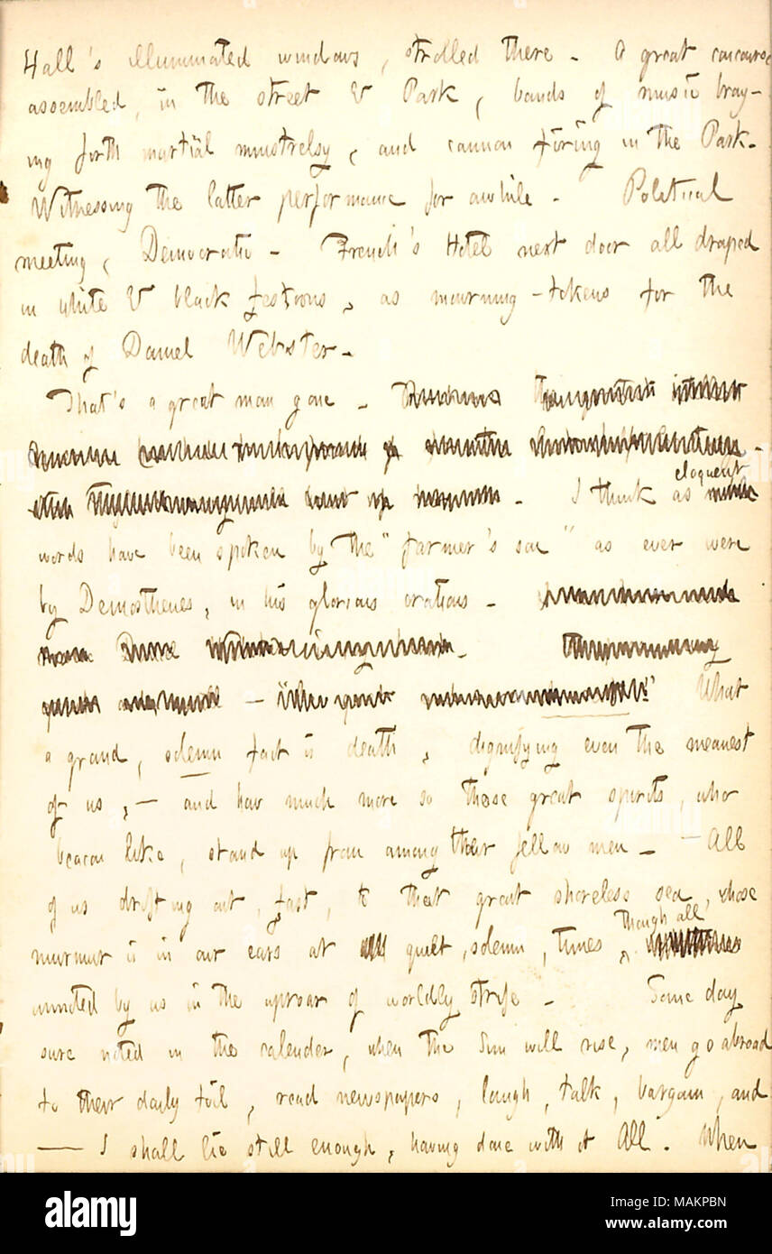 [Worte durchgestrichen] Unbeachtete Attribut-Cluster von uns in das Getümmel der weltlichen Hader. Eines Tages sicher fest im Kalender, wenn die Sonne wird steigen, Männer ins Ausland gehen, um ihren täglichen Folie, Zeitungen lesen, lachen, reden, Schnäppchen, und? Ich werde noch immer genug Liegen, mit dem es alle getan. Wenn Titel: Thomas Butler Gunn Tagebücher: Band 5, Seite 78, 26. Oktober 1852. 26. Oktober 1852. Gunn, Thomas Butler, 1826-1903 Stockfoto