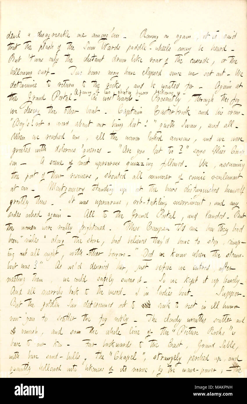 Beschreibt, sehen die dargestellten Felsen am Lake Superior, einschließlich erhalten verloren im Nebel in einem Ruderboot. Transkription: Teufel eine unangenehme unter?em. Rudern auf einmal, es wird gesagt, dass die Plash der Sam-Stationen paddel-Räder können gehört werden. Aber?twas nur die Ferne drum wie Brüllen der Kaskade oder das Brüllen surfen. Zwei Stunden verstrichen sind, seit wir uns auf. Wir ermitteln zu den Felsen zurückzukehren, und abgewartet werden. Wieder im Grand Portal. Ein phantastisches von Zwei grausige zahlen uns zuwinken. Derzeit, durch den Nebel wir Auskundschaften der anderen Boot. Kapitän Easterbrook und seine Crew. ? ǢBoy?s! Nicht eine wo Stockfoto