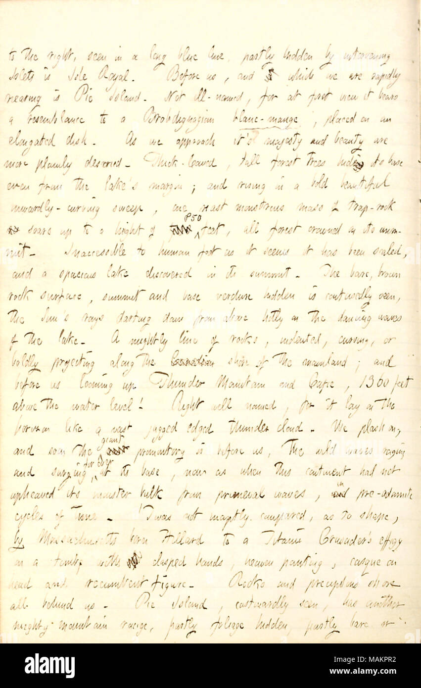 Beschreibt segeln Vergangenheit Inseln am Lake Superior in der Steamboat, Sam Ward. Transkription: Auf der rechten Seite, in einem langen blauen Linie gesehen, teilweise durch die dazwischen liegenden kleinen Inseln versteckt ist Isle Royal. Vor uns, und t, die wir schnell nähern ist Pie Insel. Nicht schlecht benannt, für die auf den ersten Blick trägt es eine Ähnlichkeit zu einer Brobdignagian blanc - räude, auf eine längliche Schale gelegt. Wie wir es angehen? s Majestät und Schönheit sind klarer descried. Dicke-leaved, hohen Bäumen versteckt seine Basis sogar vom See?s Marge; und steigen in einem kühnen schöne Kostenrechnung weiter - geschwungene Schleife, eine riesige monströse Masse der Trap-rock so Stockfoto