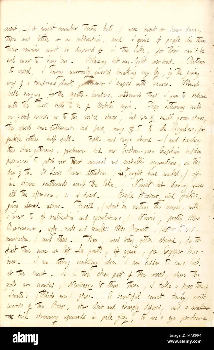 Erwähnt sehen ein Komet am Himmel auf dem Weg nach Kupfer Hafen auf der Steamboat, Sam Ward. Transkription: ment,? (Möglicherweise ist es Nummer 30 Hütten,) wurden verbrannt oder abgehauen, gab es wenig oder keine Kultivierung, und ich meinen, wenn Menschen sterben, die Überreste zu entsorgen in den See, für Ihre can?t Boden enow werden zu begraben?em. Flammenden heißen Sonne - Licht Overhead. Zurück zum Schiff, ich verfehlte brechen mein Bein, durch die die Art und Weise einer tückischen Plank, jedoch habe? scaped mit blauen Flecken. Viel Glockenläuten für die Achat - Jäger, inassomuch, dass ich Gan mit der Tusk Glocken zu glauben von di. Stockfoto