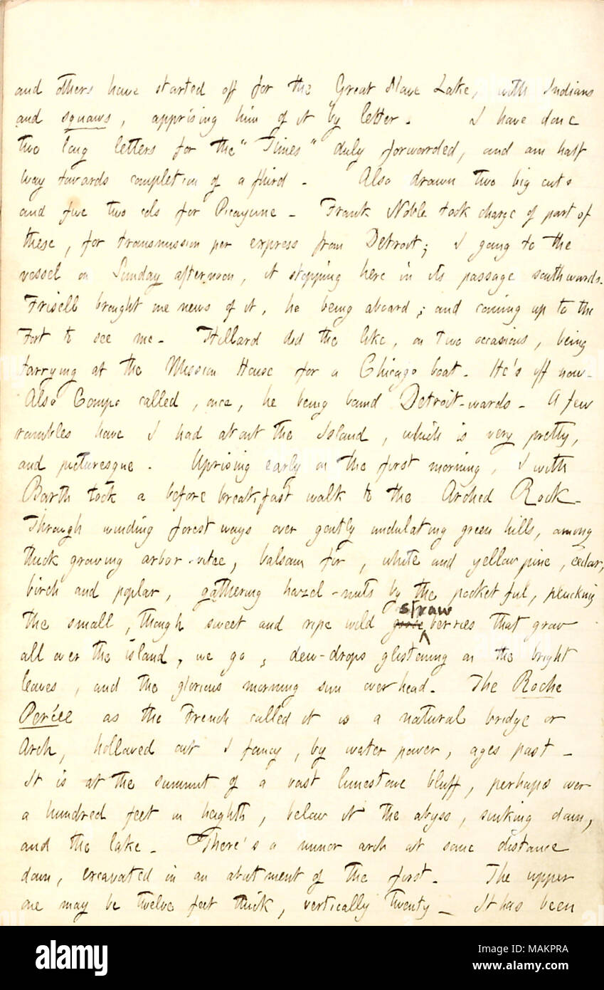 Beschreibt einen Besuch in Arch Rock auf Mackinac Island mit William Barth. Transkription: und andere haben die große Slave Lake begonnen, mit Indianer und squaws, [Wilhelm Barth] apprising ihn [Alfred Waud] durch Brief. Ich habe zwei lange Briefe für den? ǣ [New York] Mal getan? Ordnungsgemäß weitergeleitet und bin auf halbem Weg zur Vollendung eines Dritten. Auch zwei große Schnitte und fünf zwei cols für Picayune gezeichnet. Frank Edle übernahm Teil dieser, für die Übertragung per Express aus Detroit; ich das Schiff am Sonntag Nachmittag, es hier Halt in der Passage nach Süden. Frisell brachte mich Nachrichten von It Stockfoto