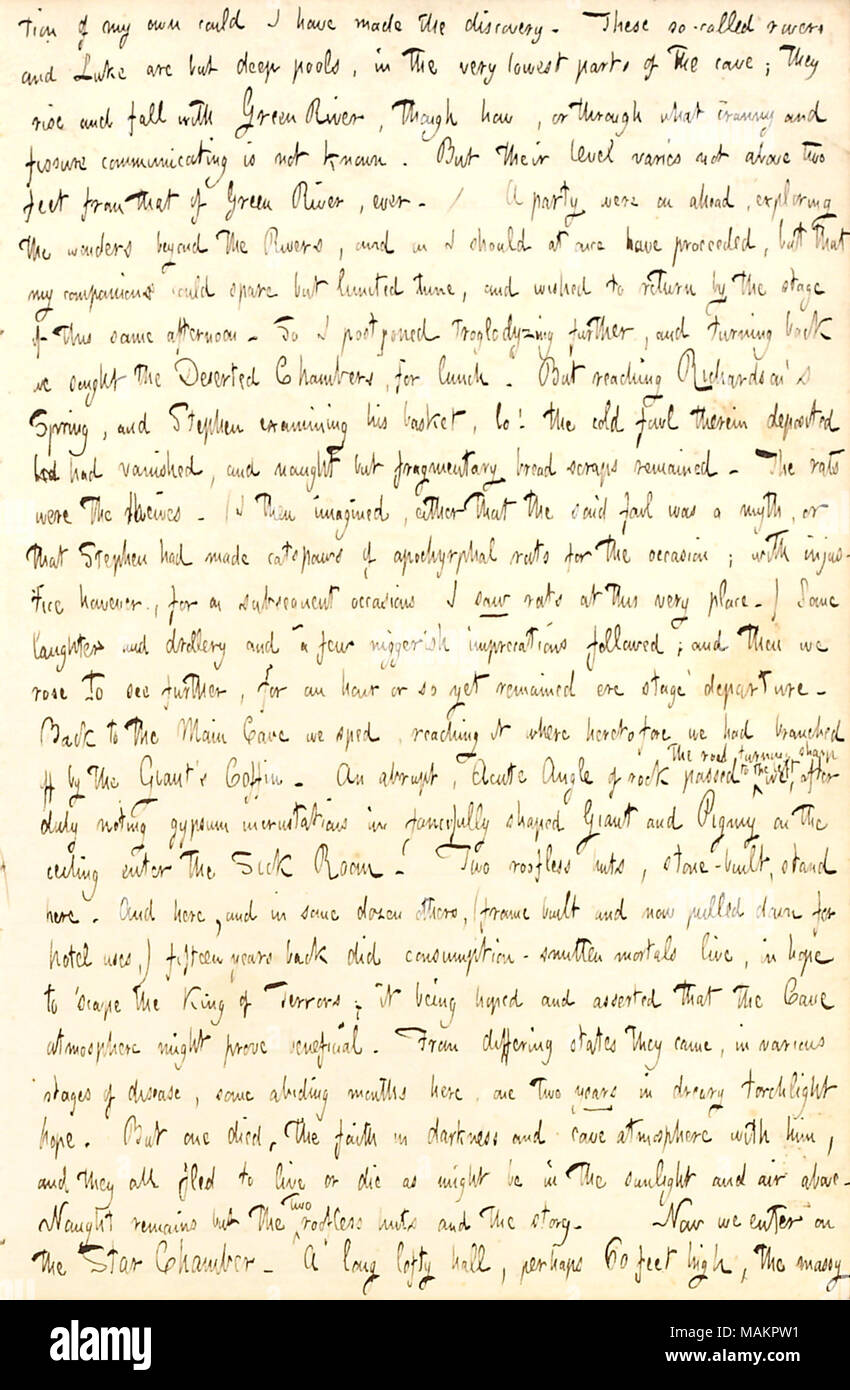 Beschreibt einen Besuch in Mammoth Cave in Kentucky. Transkription: von meinem eigenen könnte ich die Entdeckung gemacht haben. Diese so genannten Flüssen und See sind aber tiefen Pools, in die untersten Teile der Höhle; Sie steigen und fallen mit der Green River, obwohl, wie bzw. durch welche Ritze und Spalte kommunizieren nicht bekannt ist. Aber ihre variiert nicht über zwei Meter von der Green River, überhaupt. /Einer Partei waren, die Erkundung der Wunder jenseits der Flüsse, und sollte ich auf einmal gegangen sind, sondern dass meine Begleiter könnte Ersatzteile aber nur begrenzte Zeit und wollten, von der Bühne dieser gleichen afterno zurückzukehren Stockfoto