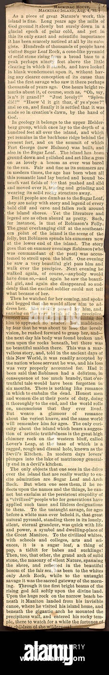 Transkription: {MACKINAC HAUS, Mackinac Island, 12.08.4,? 83.} Als ein Stück Natur?s arbeiten, diese Insel ist in Ordnung. Vor vielen Jahren die Mühlen Gottes Masse es langsam aber sicher in eine Eiszeit Epoche der polaren Kälte, und doch in diesem seine nur genaue und wissenschaftliche Bedeutung es kaum bemerkt hat durch seine eulogists. Hunderte von Tausenden von Menschen besucht haben, Zuckerhut Rock, eine kegelförmige Pyramide von festen Stein steigen von einer breiten Basis zu einer Spitze vielleicht 90 Meter über die kleine Lichtung in dem es steht, und haben sich in leeres Staunens auf ihn geschaut, ohne klarer Stockfoto