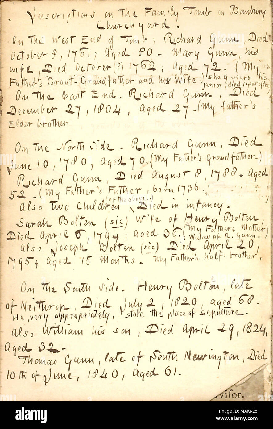 Schreibt Inschriften aus seiner Familie Grab in Banbury, England. Transkription: Inschriften auf dem Familiengrab in Banbury Kirchhof. Am westlichen Ende von Grab; Richard Gunn, 8. Oktober 1761 starb im Alter von 80 Jahren. Maria Gunn, seine Frau, gestorben Oktober (?) 1762; im Alter von 72. (Mein Vater [Samuel Gunn]?s Great-Grandfather und seine Frau) Sie 9 Jahre jünger war, starb ein Jahr nach.) Im East End. Richard Gunn, Gestorben 27. Dezember 1804, im Alter von 27. (Mein Vater?s älterer Bruder, [in Bleistift] Enkel des oben auf der Nordseite. Richard Gunn, starb am 10. Juni 1780, im Alter von 70. (Mein Vater?s Großvater.) Richard Gunn, gestorben Stockfoto