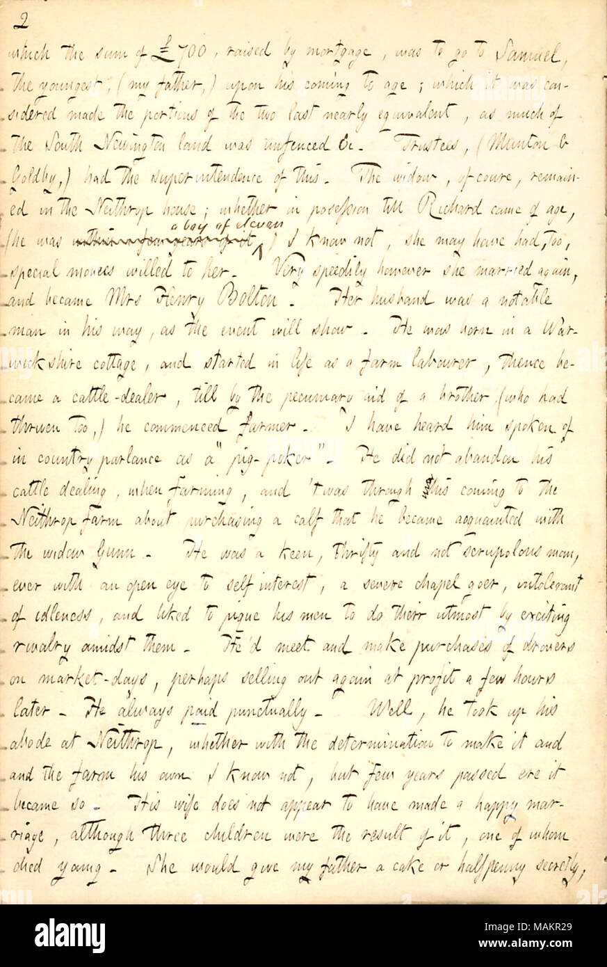 Gibt einen Überblick über seine Familiengeschichte an der Seite seines Vaters. Transkription: aus der Summe der 700 [Pfund], durch eine Hypothek, war Samuel [Gunn] zu gehen, der Jüngste, (mein Vater) auf Sein Kommen nach Alter; die Teile der beiden letzten fast gleichwertig, so viel von der South Newington Land war nicht eingezäunten & c. angesehen wurde. Treuhänder, (Munton & Goldby,) hatte die Oberaufsicht über diese. Die Witwe [Sarah Wyatt Gunn], natürlich, in der Neithrop Haus blieb; wohin in Besitz bis Richard [Gunn] kam vom Alter, (er war innerhalb von ein paar Jahren von ihm ein Junge von elf) weiß ich nicht, kann Sie hav Stockfoto