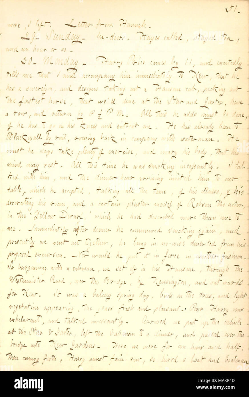 Beschreibt eine Exkursion zu den Kew Gardens mit Harry Preis. Transkription: mehr, ich verließ. Brief von Hannah. 29. Sonntag. In-Türen. Hayes rief, war Kaffee, und eine Stunde oder so. 30. Montag. Harry Preis kam von 11, und aufgeregt erzählte mir, dass muss ich ihm sofort begleiten, Kew, dass er einen souveränen und Designs die Hansom Cab, die Auswahl der schnellsten Pferd, dass wir speisen Sie im Stern und Strumpfband, eine Zeile, und rückfahrt mit 8 1/2 P M. muss All dies fügt er gemacht werden, wenn er auf die Knie und bittet mich zu gehen hat. Er hat bereits mit dem Blackwall auf der Schiene gewesen, rudern zurück in der Firma mit waterm Stockfoto