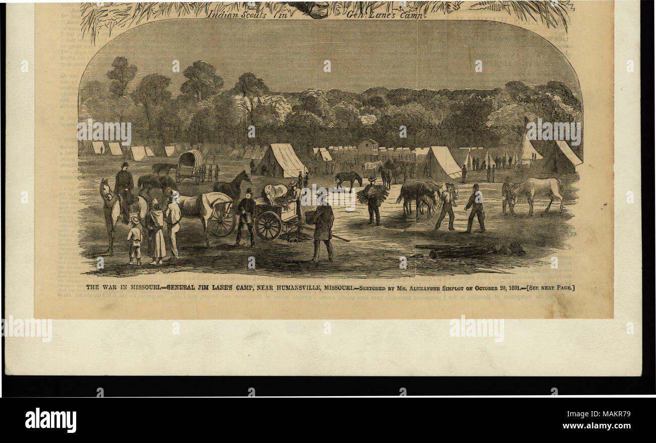 Camp Szene mit Menschen (meistens Männer) und Pferde im Vordergrund und Zelte und Bäume im Hintergrund. "Der Krieg in Missouri. - Allgemeine JIM'S LANE CAMP, in der Nähe von HUMANSVILLE, Missouri. - Von Herrn Alexander SIMPLOT am 20. Oktober 1861. - [Siehe nächste Seite.]' (unter Bilder gedruckt). Deckblatt aus Harper's Weekly, November 23, 1861, Vol. V, no. 256. Titel: "Der Krieg in Missouri - General Jim's Lane Camp, in der Nähe von Humansville, Missouri.". 23. November 1861. Alexander Simplot Stockfoto