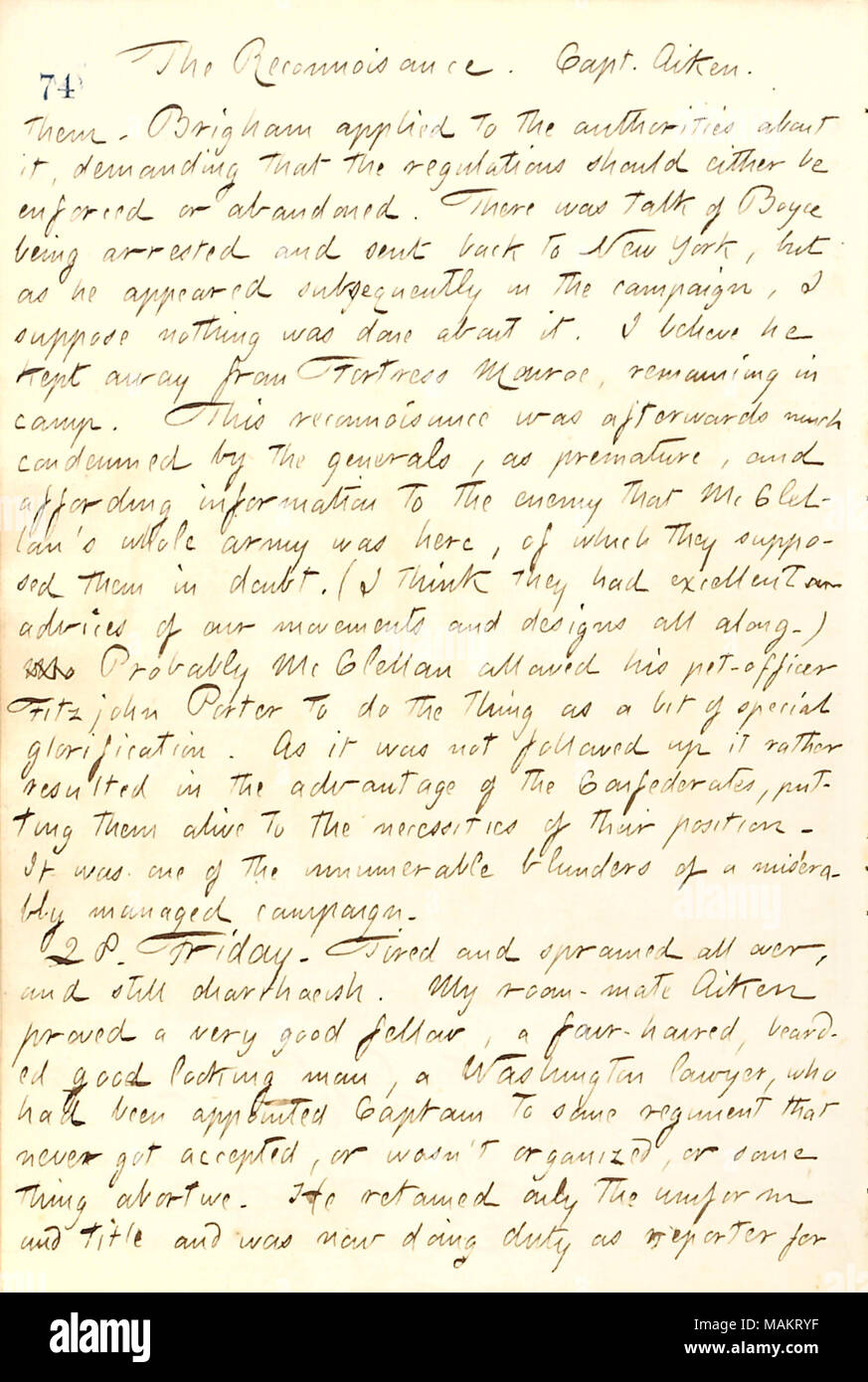 In Bezug auf die Folgen der Aufklärungsmission zu Big Bethel. Titel: Thomas Butler Gunn Tagebücher: Band 19, Seite 88, 27. März 1862. 27. März 1862. Gunn, Thomas Butler, 1826-1903 Stockfoto