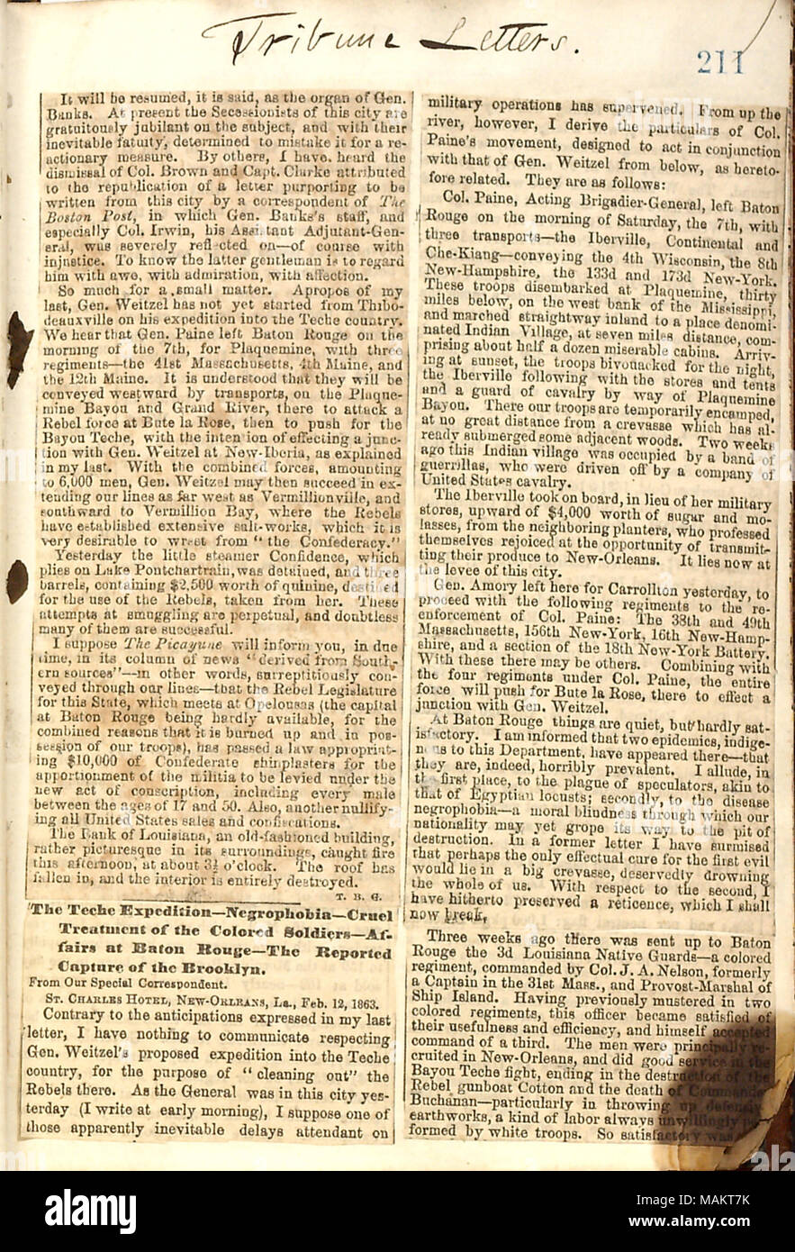 Zeitungsausschnitte von Gunn für die New York Tribune geschrieben, mit verschiedenen Nachrichten von New Orleans. Titel: Thomas Butler Gunn Tagebücher: Band 21, Seite 228, 8. Februar 1863 [Zeitung Ausschnitt]. Vom 8. Februar 1863. Gunn, Thomas Butler, 1826-1903 Stockfoto