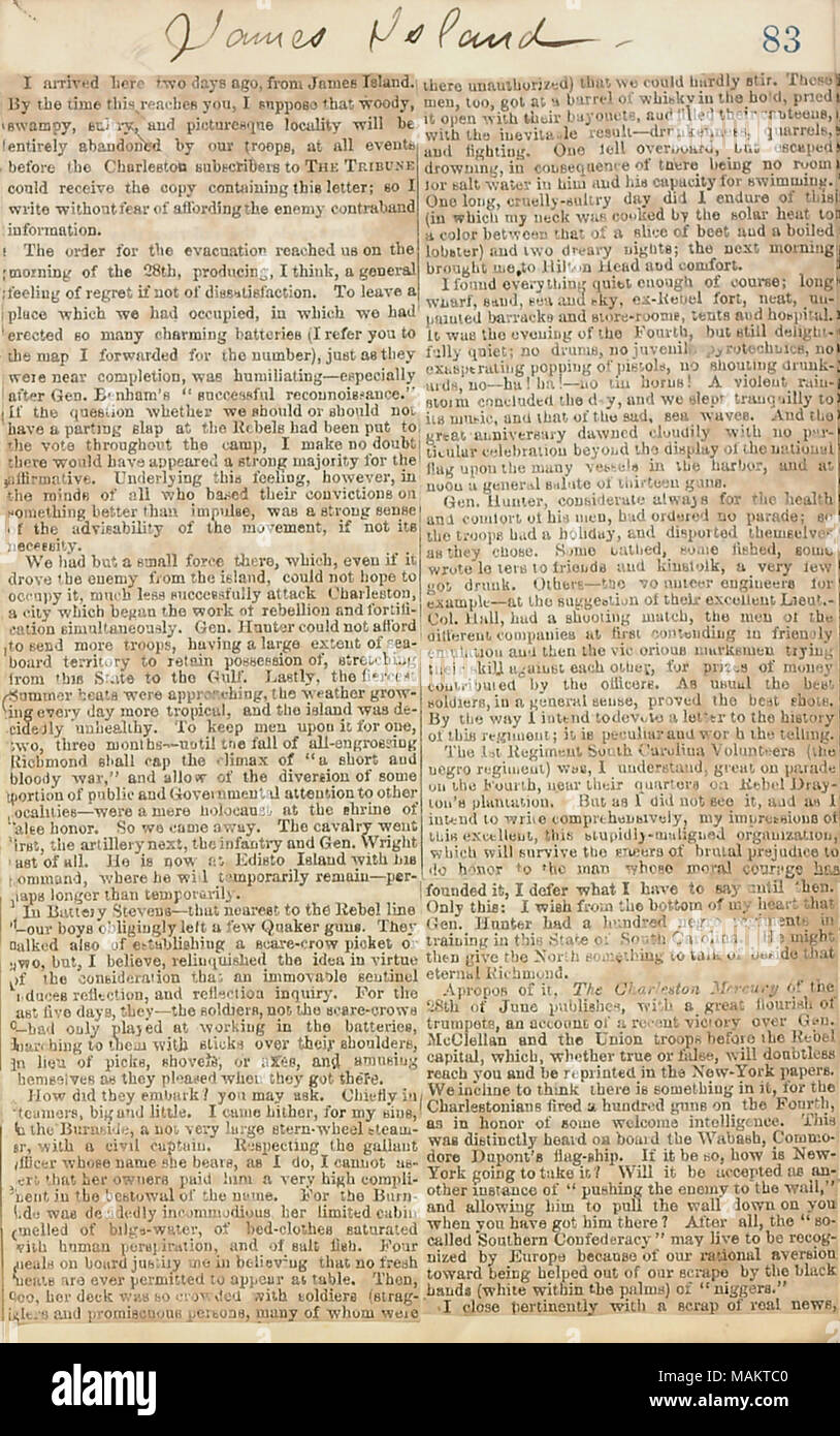 Zeitung Ausschnitt in Bezug auf die Evakuierung von James Island, die fehlende vierte im Juli fest, und die Verdienste der afrikanischen amerikanischen Soldaten. Titel: Thomas Butler Gunn Tagebücher: Band 20, Seite 93, Juli 5, 1862 [Zeitung Ausschnitt]. Vom 5. Juli 1862. Gunn, Thomas Butler, 1826-1903 Stockfoto
