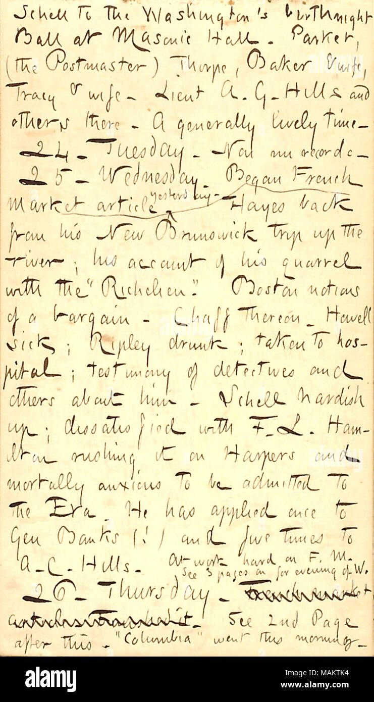 Erwähnt wird die Teilnahme an einem Ball für Washingtons Geburtstag an New Orleans, und Namen, einige Leute, die dort waren. Titel: Thomas Butler Gunn Tagebücher: Band 22, Seite 73, 23. Februar 1863. 23. Februar 1863. Gunn, Thomas Butler, 1826-1903 Stockfoto