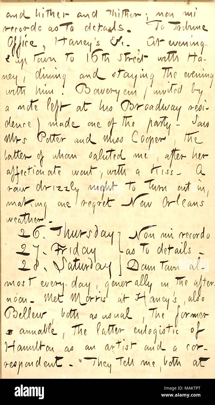 Erwähnt ein Abendessen bei Jesse's Haney Pension mit George Boweryem. Titel: Thomas Butler Gunn Tagebücher: Band 22, Seite 157, 25. März 1863. 25. März 1863. Gunn, Thomas Butler, 1826-1903 Stockfoto