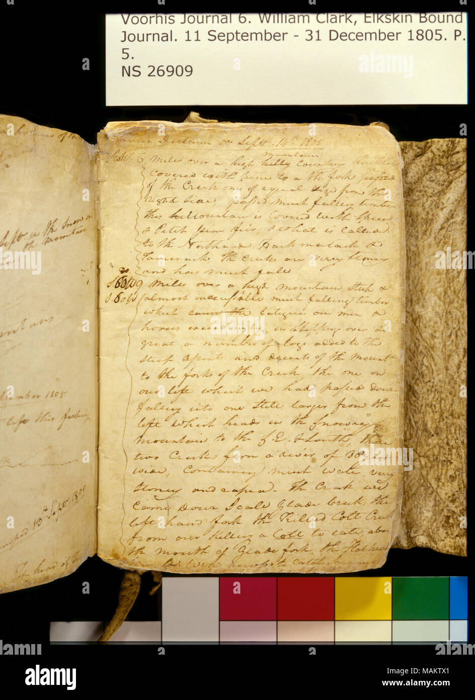 Der .20 W. 6 Meilen über eine hohe (HÜGELIG) Berg Countrey. . ." [ Kurs und Entfernung]. Titel: Clark Familie Sammlung: Band 6. Elkskin Amtsblatt, Seite 5, September 14, 1805. 14. September 1805. Clark, William, 1770-1838 Stockfoto