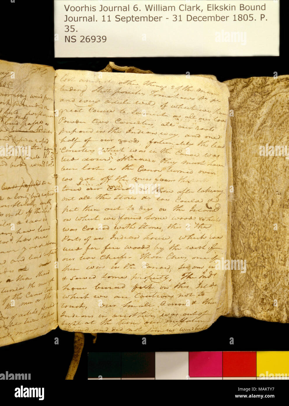 "Unter anderem 2 der mens Bettwäsche shot Taschen verloren. . ." Titel: Clark Familie Sammlung: Band 6. Elkskin Journal, Seite 35, 14. Oktober 1805. 14. Oktober 1805. Clark, William, 1770-1838 Stockfoto