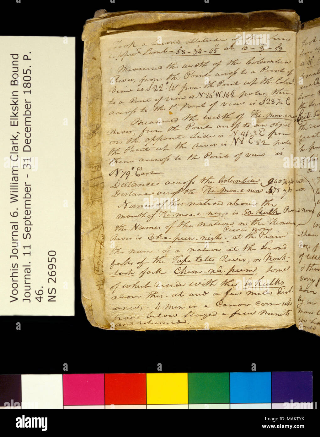 "Eine zweite Höhe der Sonnen der oberen Extremität. . ." Titel: Clark Familie Sammlung: Band 6. Elkskin Amtsblatt, Seite 46, 18. Oktober 1805. 18. Oktober 1805. Clark, William, 1770-1838 Stockfoto