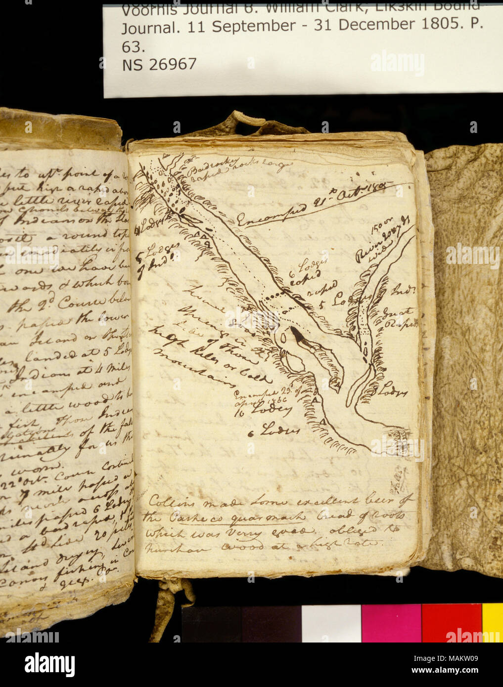 "Columbia River in der Nähe der Mündung des Deschutes River, Washington und Oregon. . .' Karte. Titel: Clark Familie Sammlung: Band 6. Elkskin Amtsblatt, Seite 63, 21. Oktober 1805. 21. Oktober 1805. Clark, William, 1770-1838 Stockfoto
