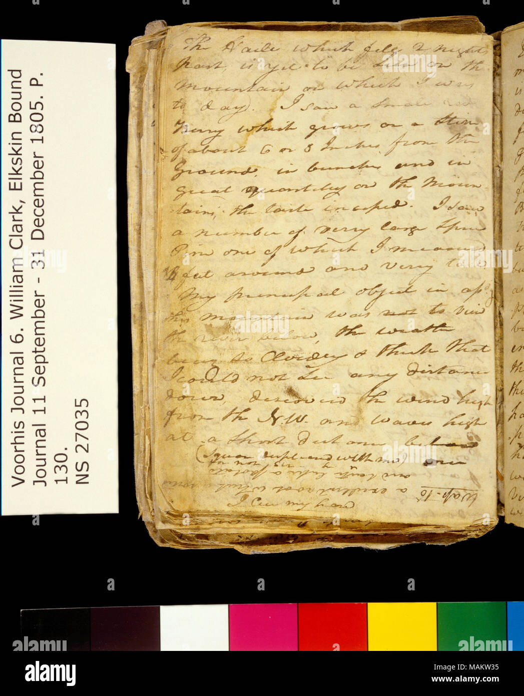 "Der Hagel die fiel 2 Nacht Vergangenheit ist noch auf dem Berg zu sehen. . ." Titel: Clark Familie Sammlung: Band 6. Elkskin Journal, Seite 130, 13. November 1805. 13. November 1805. Clark, William, 1770-1838 Stockfoto