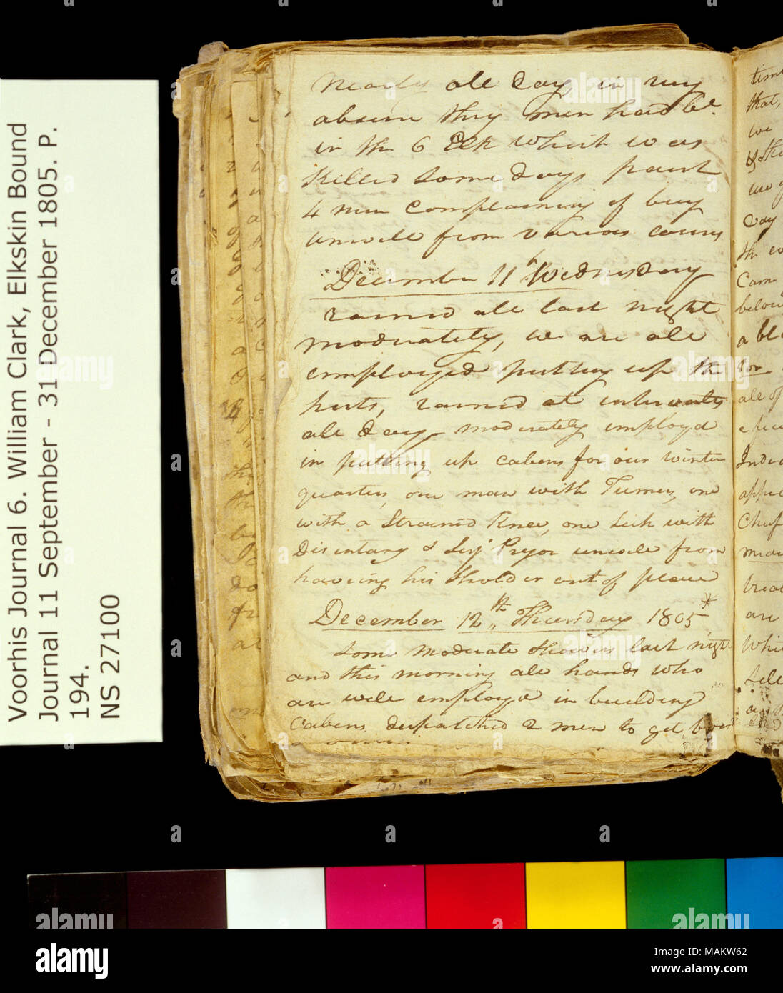 "Fast den ganzen Tag, in meiner Abwesenheit. . ." Titel: Clark Familie Sammlung: Band 6. Elkskin Journal, Seite 194, November 10-12, 1805. 10. Dezember 1805. Clark, William, 1770-1838 Stockfoto