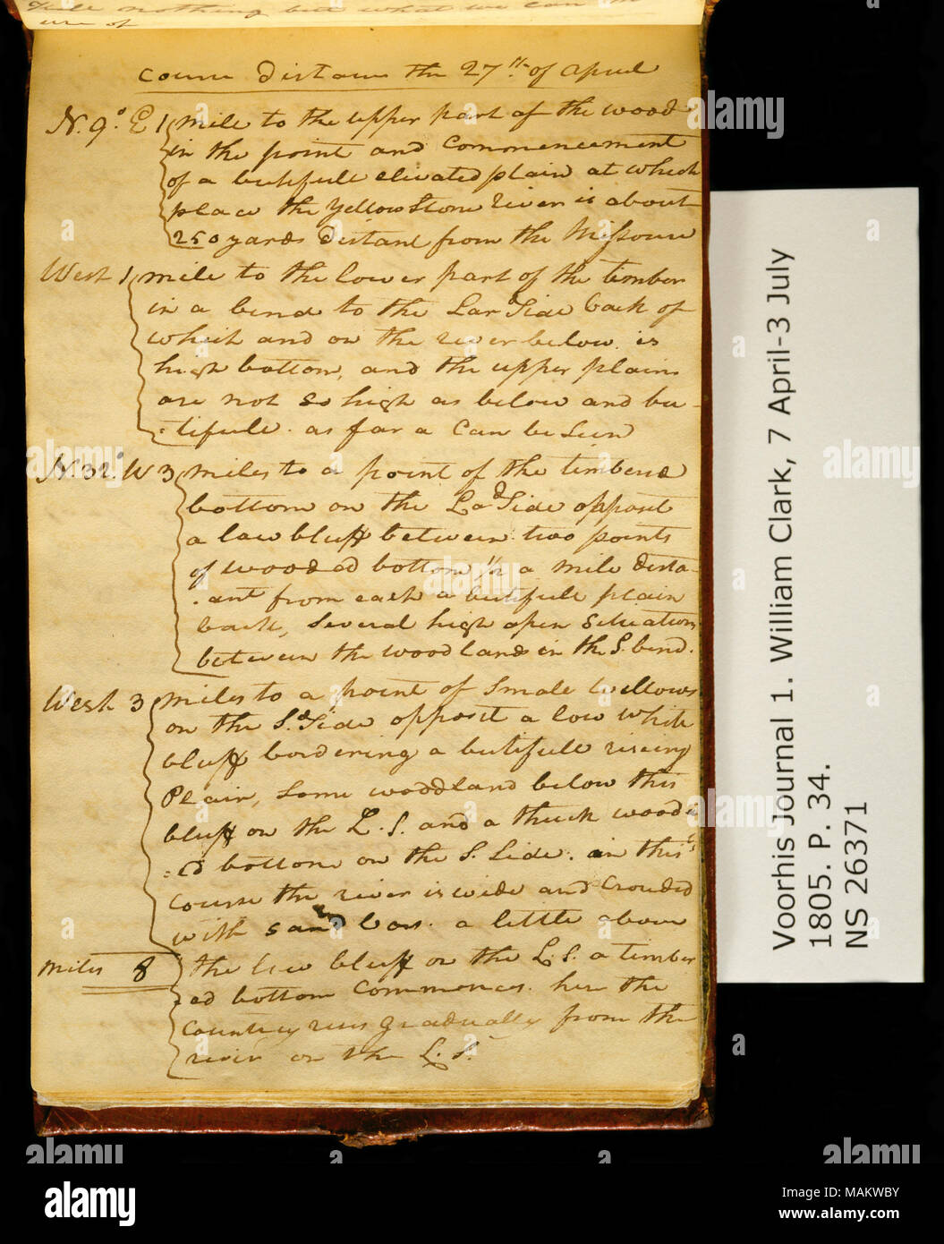 "Die Distanz der 27. April. . ." Titel: Clark Familie Collection: Volume 1. Voorhis Journal Nr. 1, Seite 34, 27. April 1805. 27. April 1805. Clark, William, 1770-1838 Stockfoto