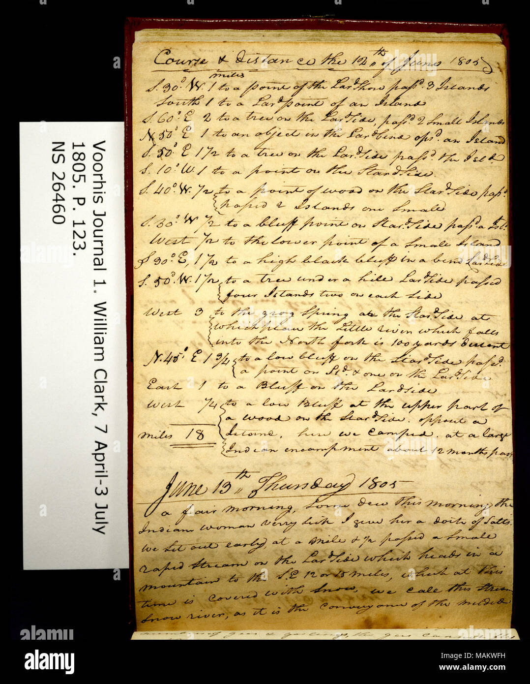 ' Kurs und Entfernung der 12. Juni 1805. . ." Titel: Clark Familie Collection: Volume 1. Voorhis Journal Nr. 1, Seite 123, Juni 12-13, 1805. 12. Juni 1805. Clark, William, 1770-1838 Stockfoto