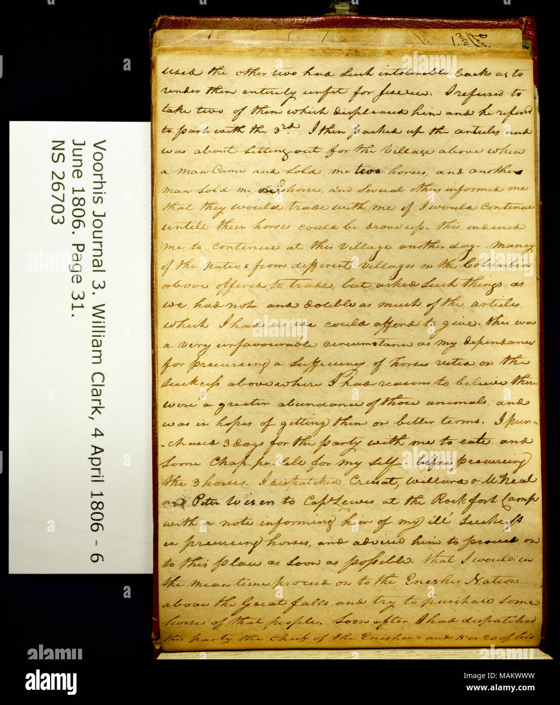 "Auch die anderen zwei So unerträglich Rücken hatte, als sie völlig ungeeignet für den Service zu erbringen. . ." Titel: Clark Familie Collection: Volume 3. Voorhis Journal Nr. 3, Seite 31, April 17, 1806. 17. April 1806. Clark, William, 1770-1838 Stockfoto