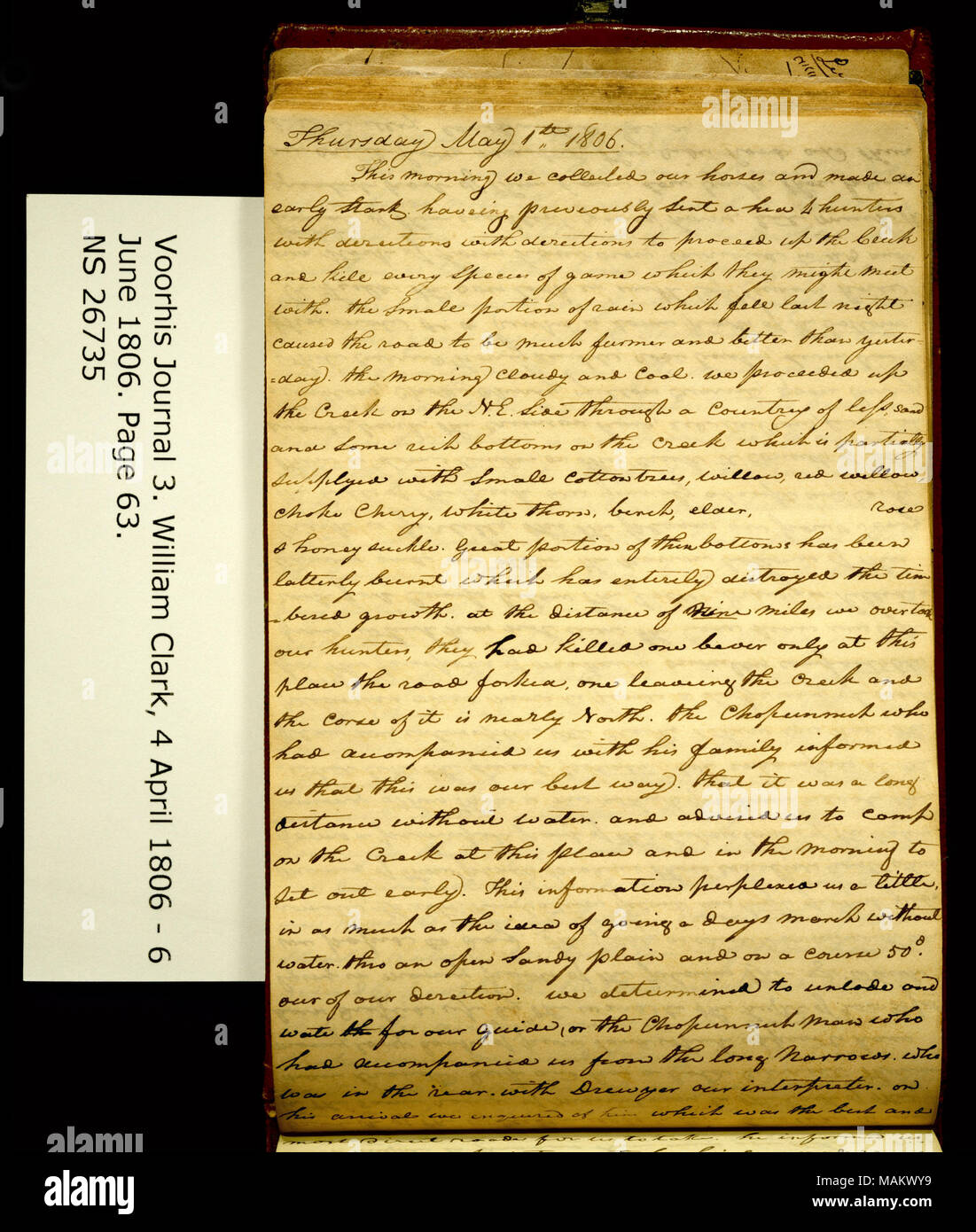 "Am Vormittag sammelten wir unsere Pferde und machte früh beginnen. . ." Titel: Clark Familie Collection: Volume 3. Voorhis Journal Nr. 3, Seite 63, 1. Mai 1806. 1. Mai 1806. Clark, William, 1770-1838 Stockfoto