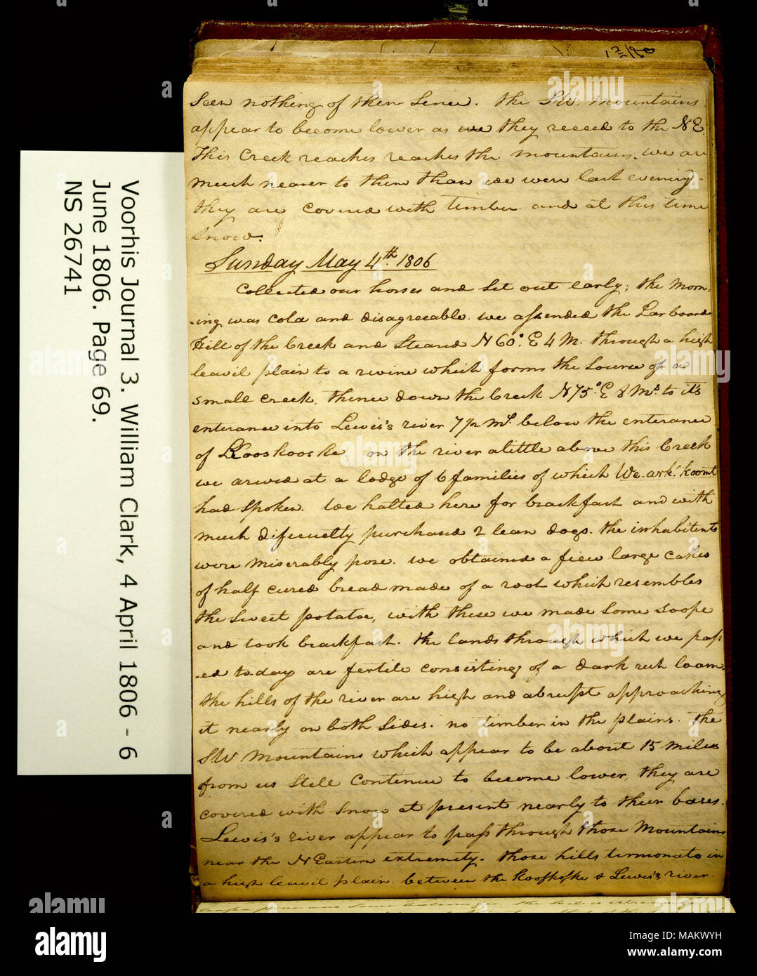 "Wir haben gesehen, nichts von ihnen Sinn. Die SW Berge erscheinen niedriger zu werden. . ." Titel: Clark Familie Collection: Volume 3. Voorhis Journal Nr. 3, Seite 69, 3-4, 1806. 3. Mai 1806. Clark, William, 1770-1838 Stockfoto