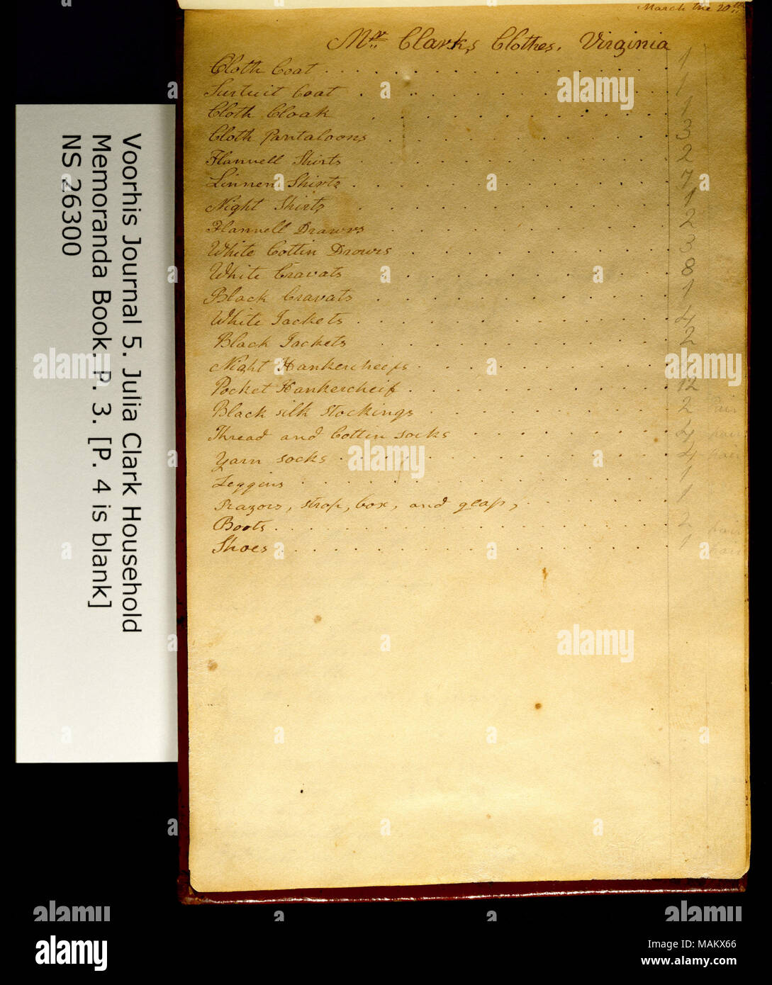 "Kleine Artikel in einem Stamm mit mir enthielt. . ." Seite 4 ist leer. Titel: Clark Familie Collection: Volume 5. Voorhis Journal Nr. 5, Haushalt Memorandum Buch von Julia Clark, Seite 3, Ca. 1820. ca. 1820. Clark, Julia Hancock, 1791-1820 Stockfoto