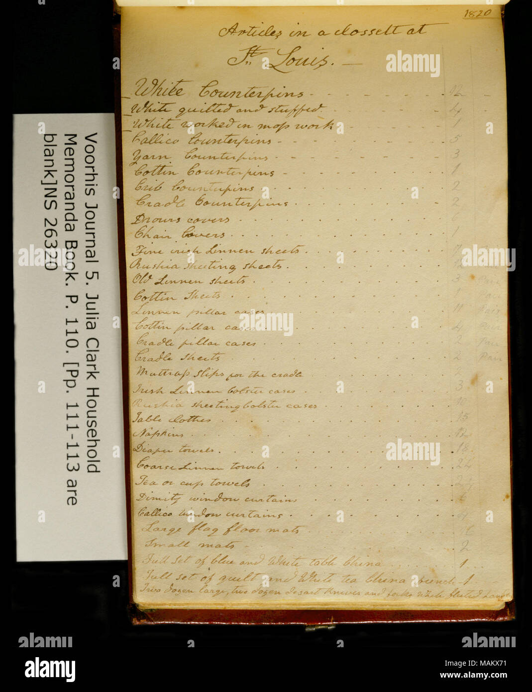 "Die Artikel in einem closett in St. Louis. . ." Seiten 111-113 sind leer. Titel: Clark Familie Collection: Volume 5. Voorhis Journal Nr. 5, Haushalt Memorandum Buch von Julia Clark, Seite 110, Ca. 1820. ca. 1820. Clark, Julia Hancock, 1791-1820 Stockfoto
