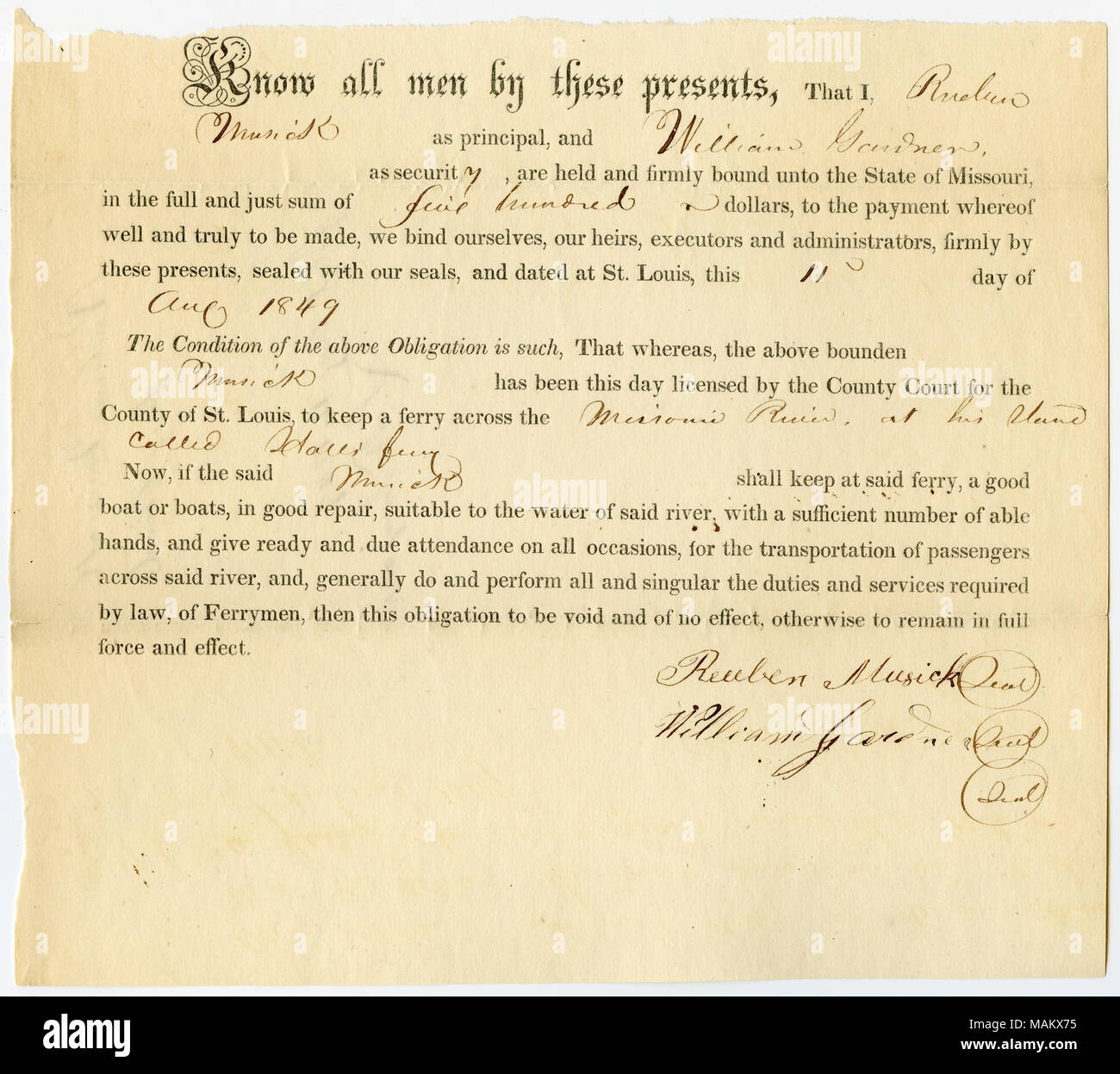 Titel: Lizenz für William Gardner zu eine Fähre über den Missouri River, an seinem Messestand genannt Hall's Ferry, 11. August 1849. 11. August 1849. Musick, Rueben Stockfoto