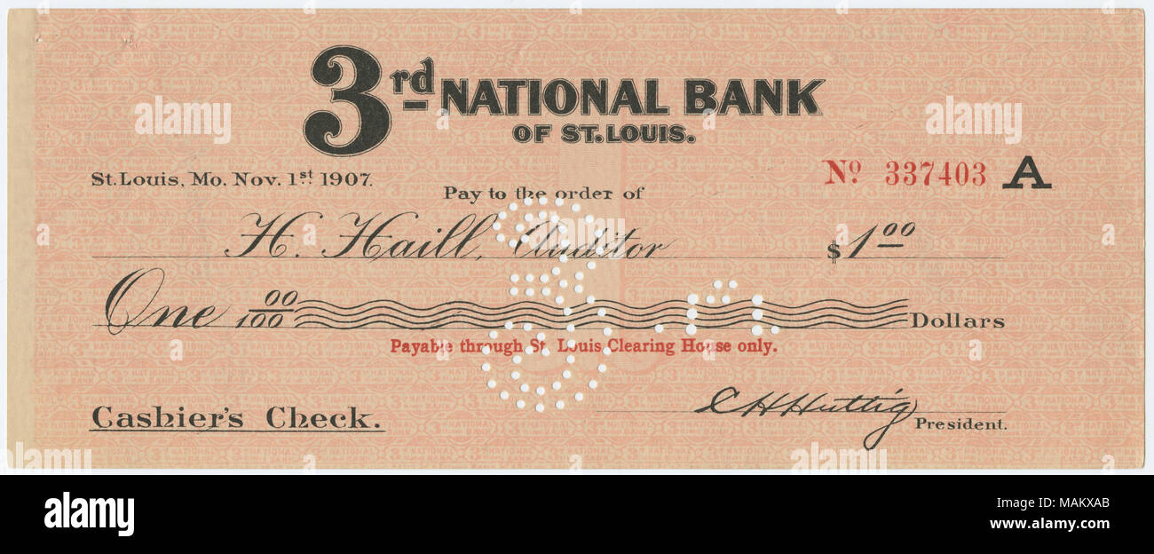 Diese Kontrollen wurden von Banken während der Panik von 1907 verwendet wurde und die während der Liquidation der Bank Vermögenswerte verteilt. (Sie waren innerhalb von ein paar Monaten zurückgezogen.) Titel: Bankscheck für $ 1 zahlbar im H. Haill, Prüfer, 3. die Nationale Bank von St. Louis, 1. November 1907. 1. November 1907. Stockfoto