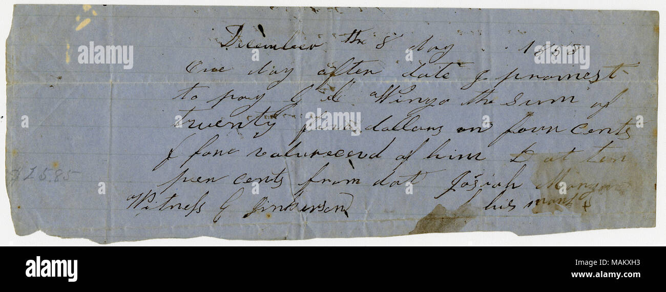 Josia Morgan $ 25.04 von G.c. ausgeliehen Wingo, Zinsen von 10 Schuldschein unterschrieben Josia Morgan [seine] G.C. Wingo, 8. Dezember 1858. Vom 8. Dezember 1858. Morgan, Josiah Stockfoto