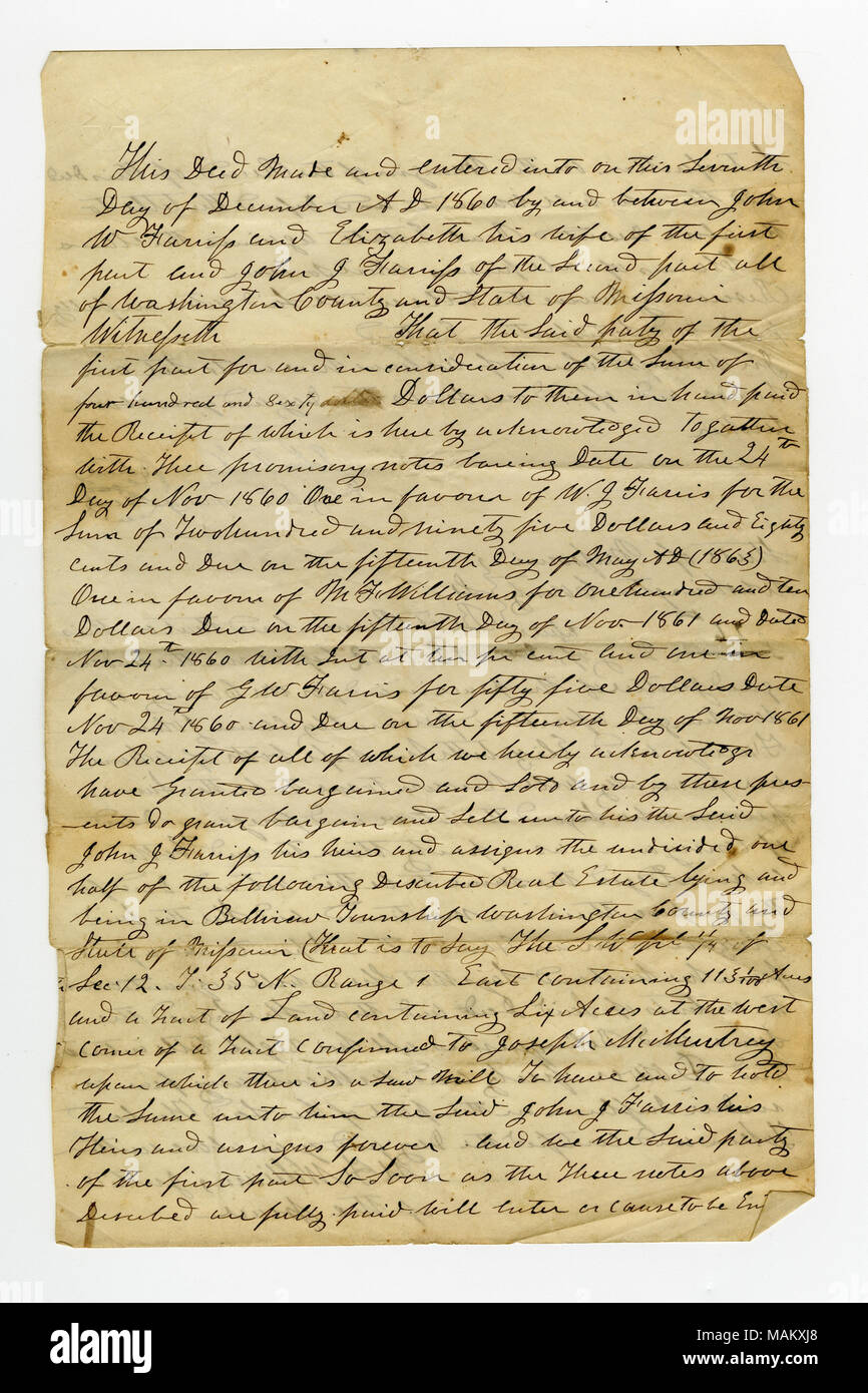 Darlehen an John W. Farris und Frau Elisabeth von Washington County von John J. Farris von Washington County für die Summe von $ 460. Um zwei Landstriche, einer von 113 Hektar gesichert werden, der Südwesten Viertel von Abschnitt 12, in der Gemeinde, 35N, Bereich 1 Ost, und von 6 Hektar, auf der eine ist ein Sägewerk, sowohl in Washington County, Missouri gelegen. Titel: Trust Deed unterzeichnet John W. Farris und Frau Elisabeth, 7. Dezember 1860. Vom 7. Dezember 1860. Farris, John W. Stockfoto