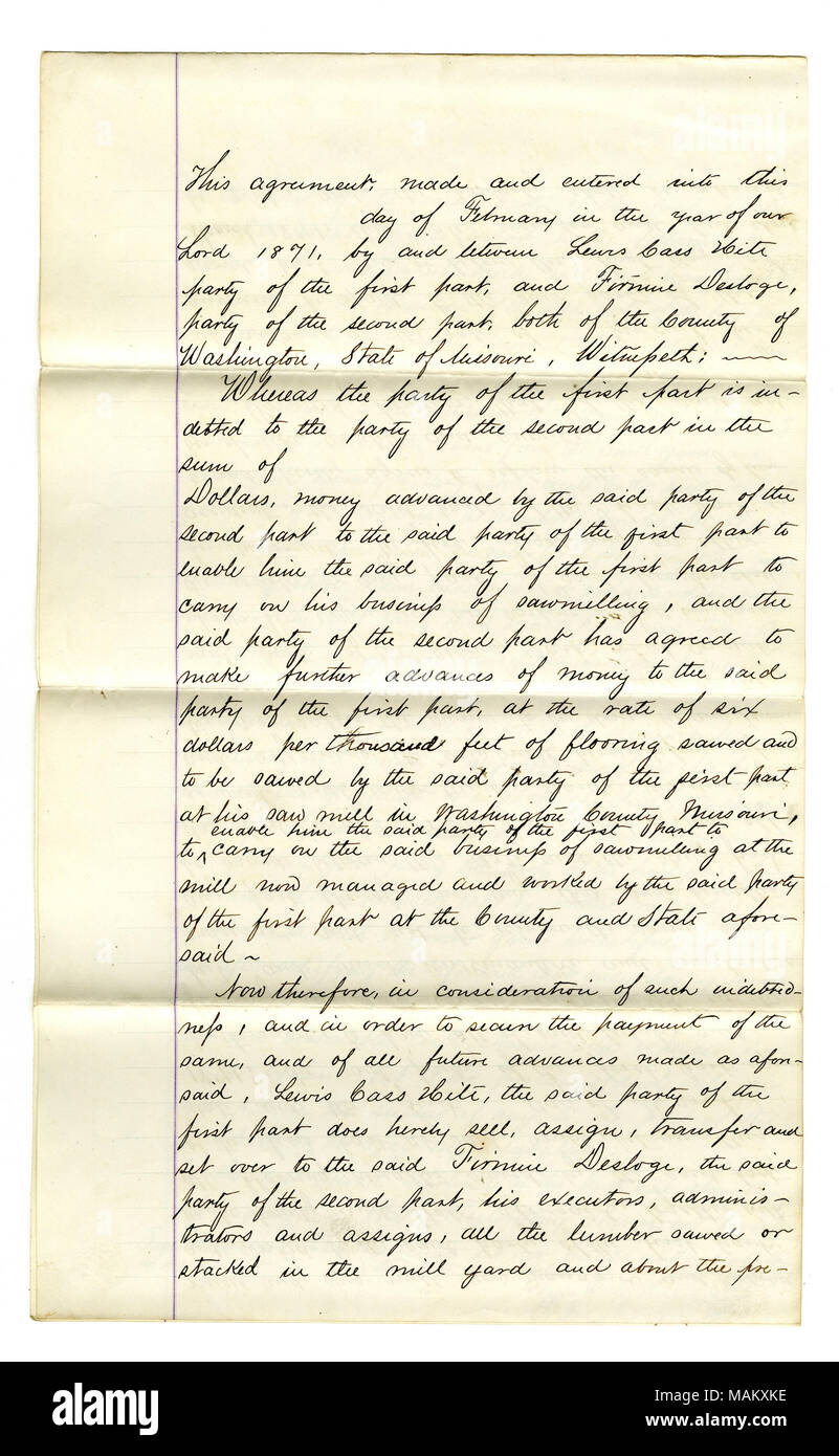 Darlehen von Firmin Desloge zu Lewis Cass Hite, um auf "ein Geschäft mit OFW-Fräsen, 'Desloge ist auf $ 6 pro 1000 Fuß Bodenbeläge voraus gesägt, die an der Säge verwendet werden kann Unternehmen fortzuführen, um gerettet zu werden. Persönliches Eigentum angeboten als Sicherheiten: Alle das Bauholz gesägt von in der Mühle Hof und über die Räumlichkeiten gestapelt und Sägewerk Titel: Sicherungsübereignung unterzeichnet Lewis Cass Hite und F. Desloge, Washington County, Februar 1871. Februar 1871. Hite, Lewis Cass Stockfoto