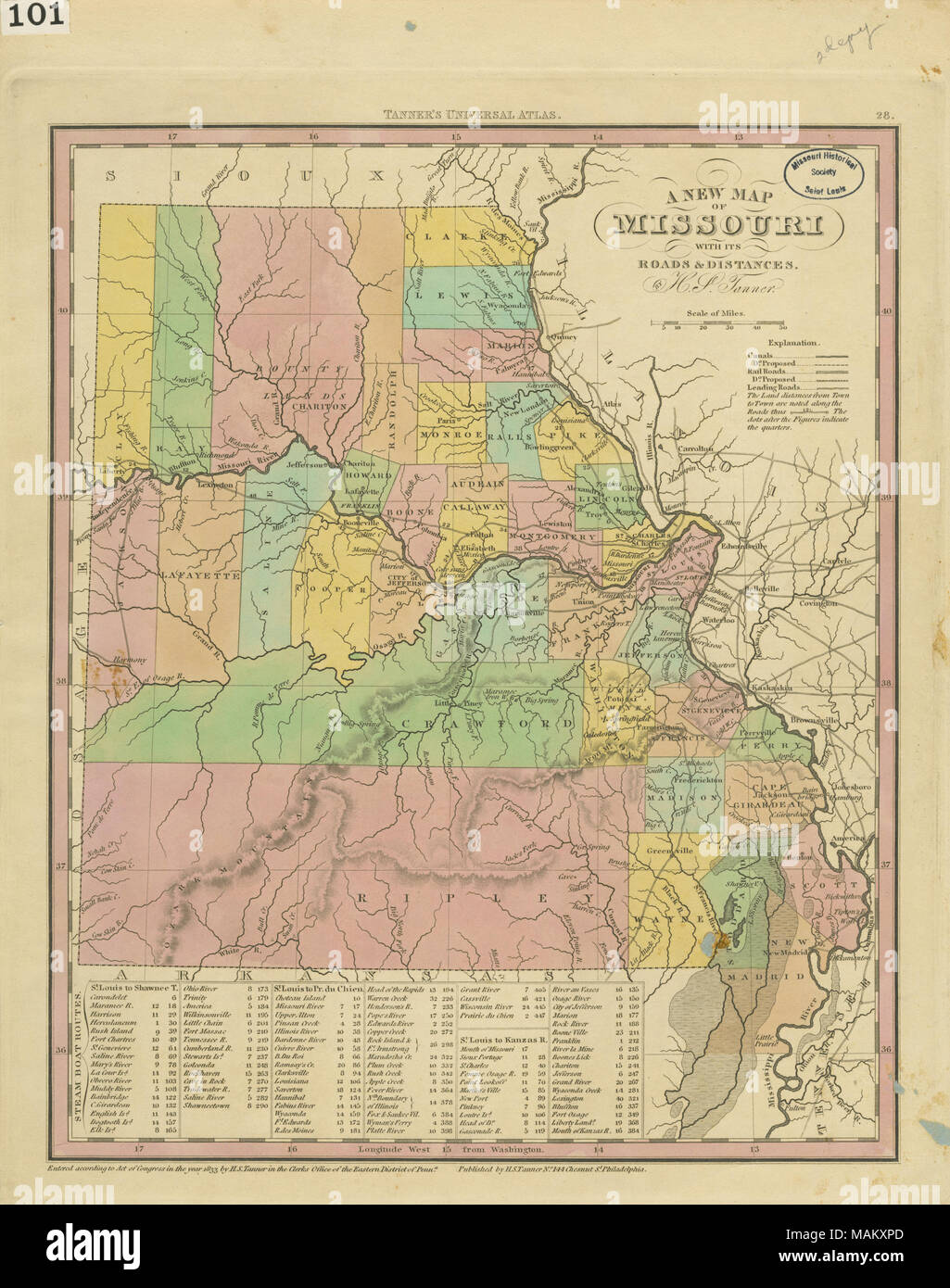 Graviert Karte von Missouri mit schwarzer Tinte auf weißem Papier; County Bereichen handkoloriert in Gelb, Grün, Rosa und Orange. Pencil Notation '2d Kopieren' in der oberen rechten Ecke. Über Kanäle, Eisenbahnen, und Hauptstraßen. Enthält Tabelle: Dampfschiff routen. Titel: Eine neue Karte von Missouri, mit seinen Straßen und Wege. [Version mit Grafschaft Bereiche handkoloriert in Gelb, Grün, Rosa und Orange. Pencil Notation '2d Kopieren' in der oberen rechten Ecke..]. 1833. Tanner, Henry S. Stockfoto