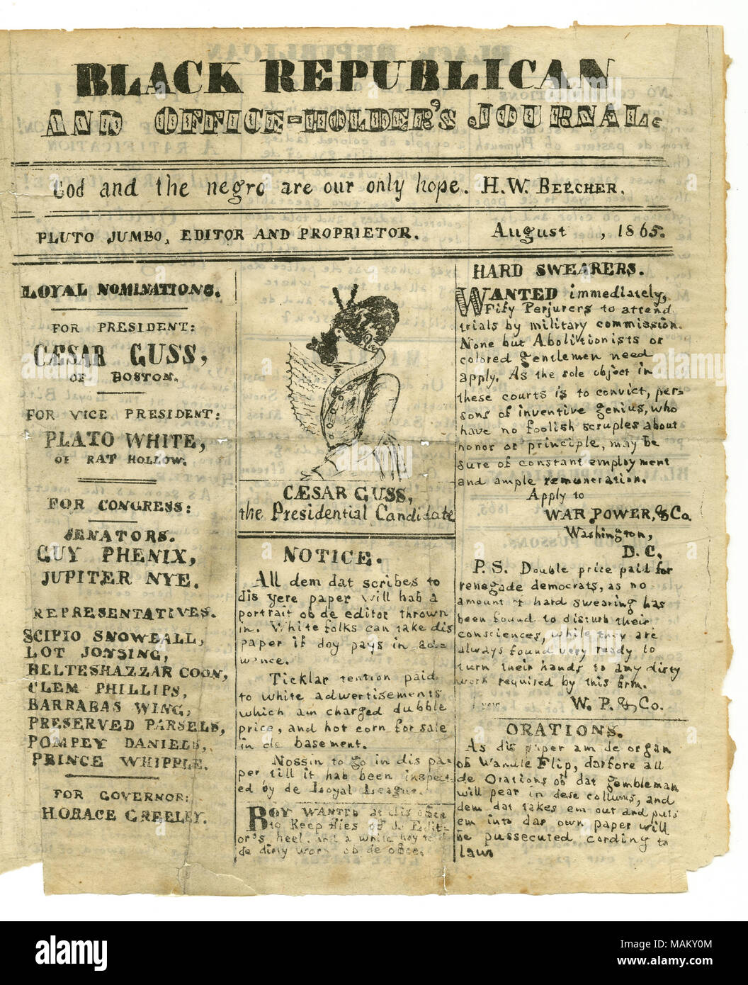 Satire der afrikanischen amerikanischen Zeitung. Gedruckt in New York. Titel: Frage der schwarzen Republikaner, August 1865. August 1865. Stockfoto