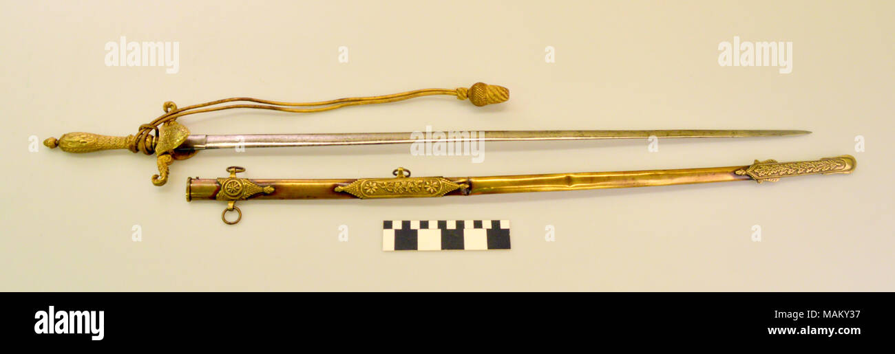Usa-Modell 1840 das medizinische Personal Schwert (a), Scheide (b) und Schwert Knoten (b) von William Maffitt, Brig. General der US Army der als Assistent Chirurg von 1836 bis 1843 gedient. Titel: US-M 1840 Medizinisches Personal Schwert und Scheide von Assistant Chirurg William Maffitt. ca. 1840. Stockfoto
